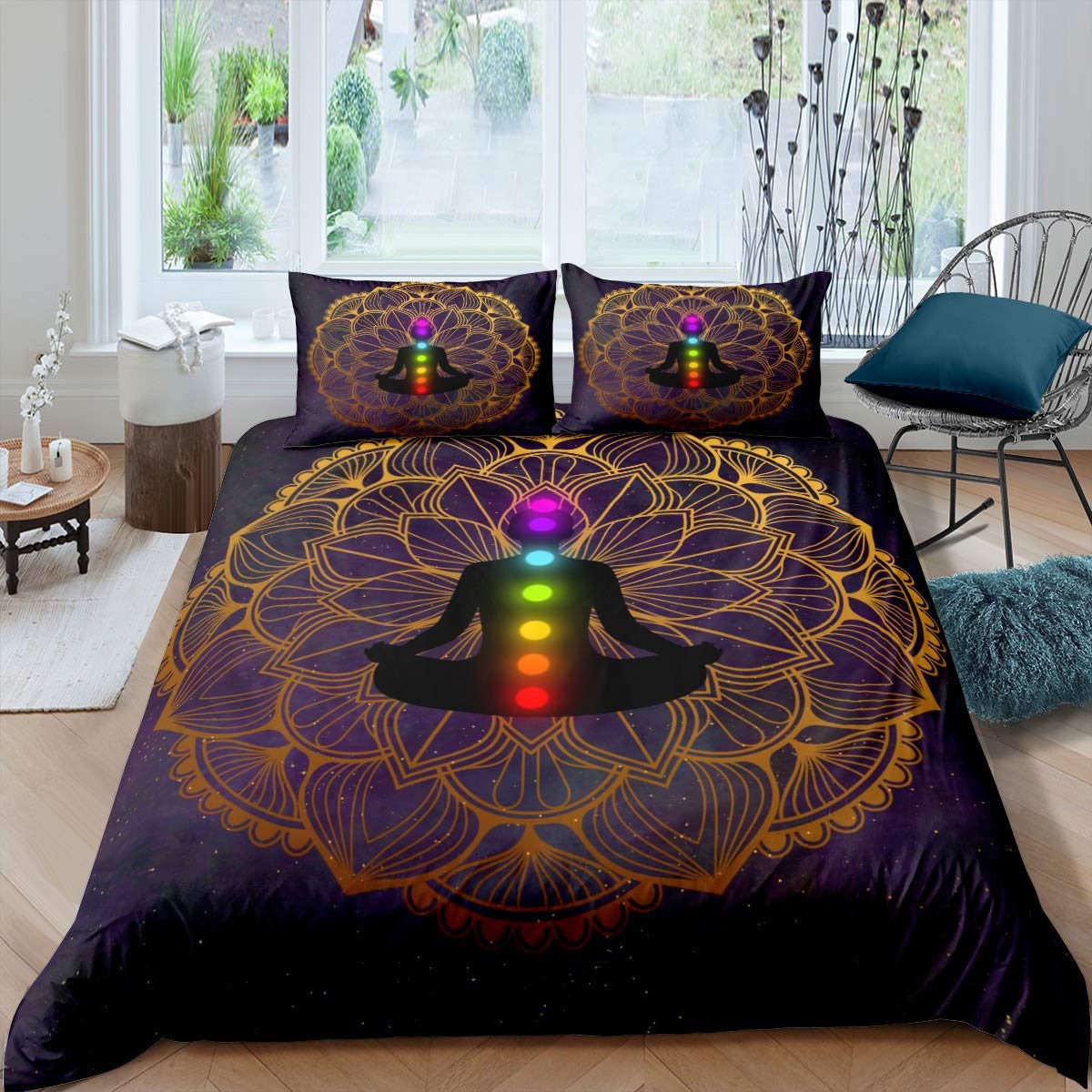 Boho Mandala Duvet Cover Set for Women & Girls - Purple Galaxy Comforter Cover with Golden Bohemian Design, Twin Size 2-Piece Bedding Collection | Perfect for Zen Bedrooms, Spiritual Retreats & Boho Chic Home Decor