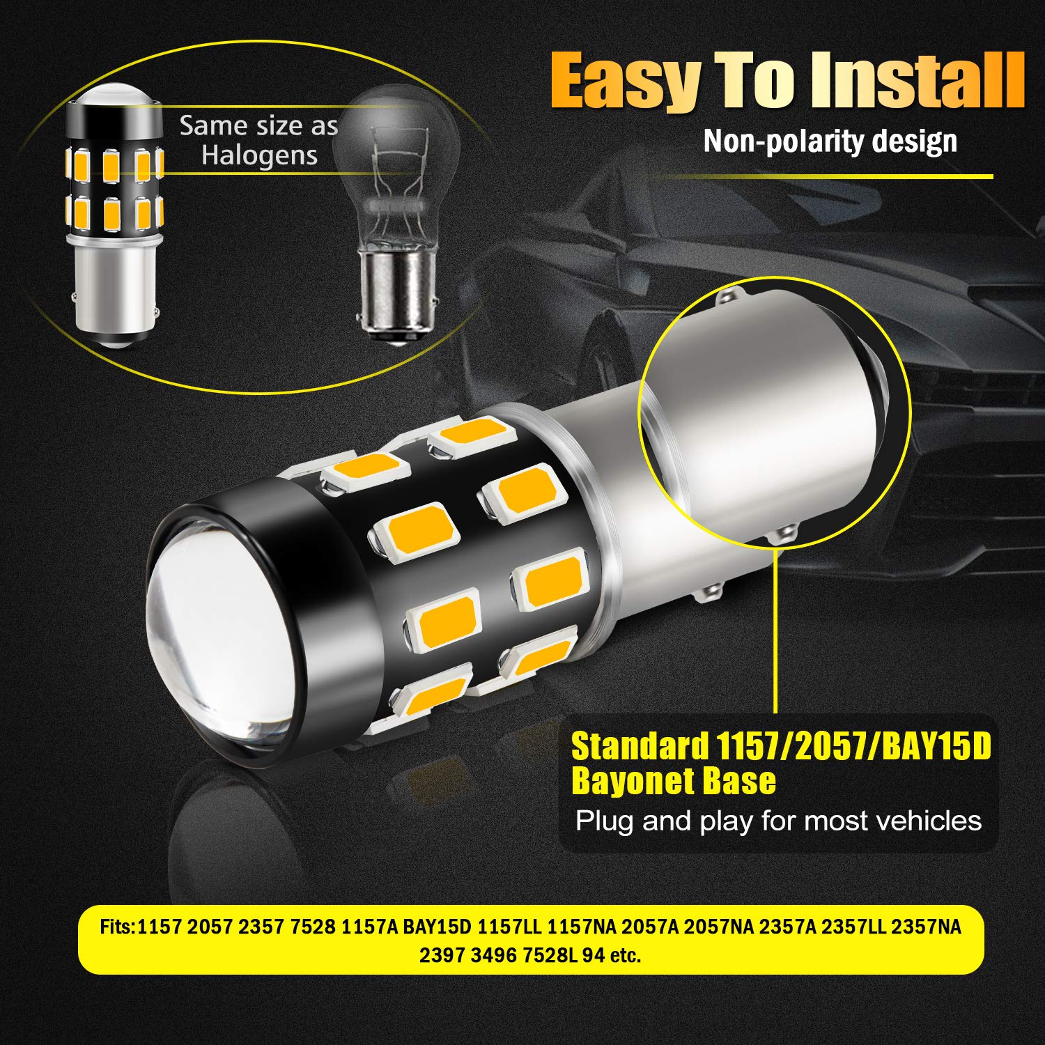 1157 LED Bulbs - Super Bright 24-SMD 9-30V Non-Polarity 2057 2357 7528 1157A BAY15D LED Bulbs with Projector - Amber Yellow (Pack of 2) - Perfect for Turn Signal Blinker Lights, Side Marker Lights, Brake Lights & Tail Lights in Cars, Trucks & Motorcycles