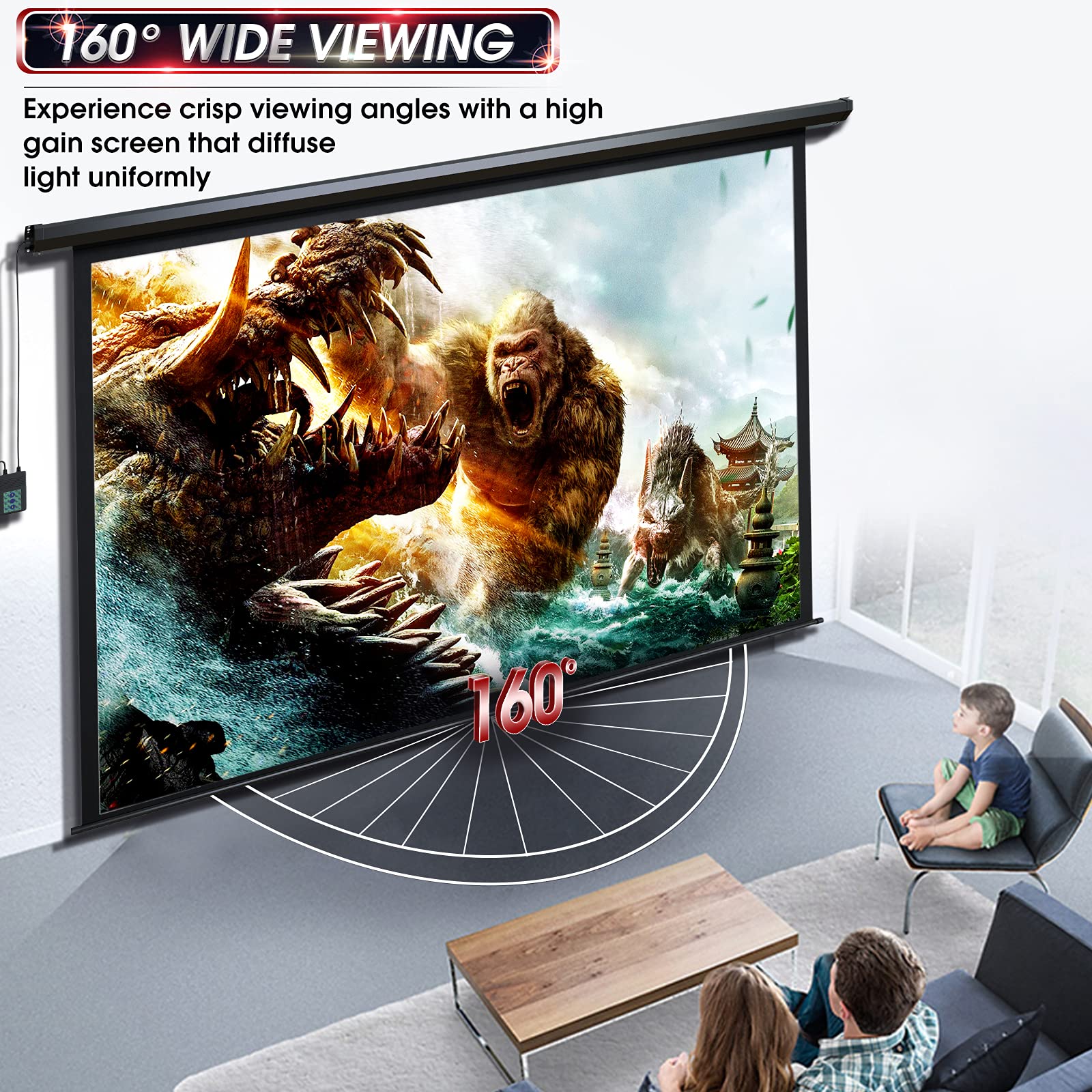 Aoxun 100 Inch Motorized Projector Screen - Electric Pull Down Projector Screen with Remote Control for Indoor & Outdoor Movies | Perfect for Home Theater, Backyard Movie Nights and Office Presentations