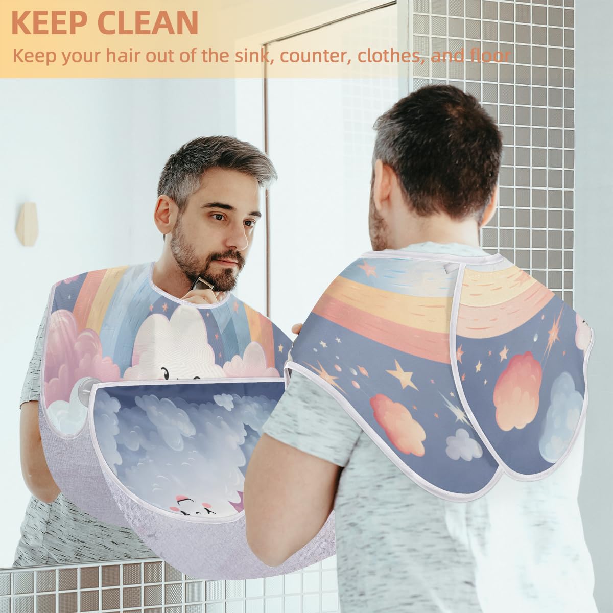 Rainbow Cloud Beard Shaving Bib for Men - Waterproof Hair Dye Apron & Makeup Cape for Barbers, Stylists & DIY Haircuts - Sink Hair Catcher & Beard Trimming Accessory - Perfect for Home Grooming & Salon Use