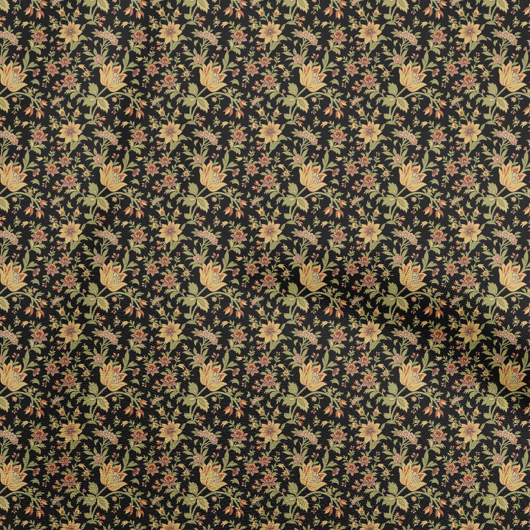 oneOone Georgette Viscose Black Jacobean Floral Print Fabric by The Yard - 42 Inch Wide (19 Yards) | Premium Dress Material for Evening Gowns, Scarves & Home Decor
