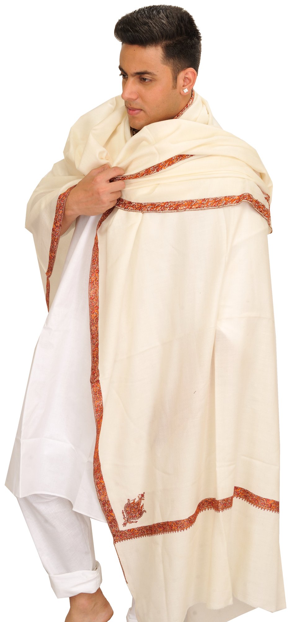 Authentic Kashmiri Men's Tusha Shawl - Hand-Embroidered Sozni Border - Premium Winter Scarf for Men - Perfect for Cold Weather, Formal Occasions & Luxury Gifts