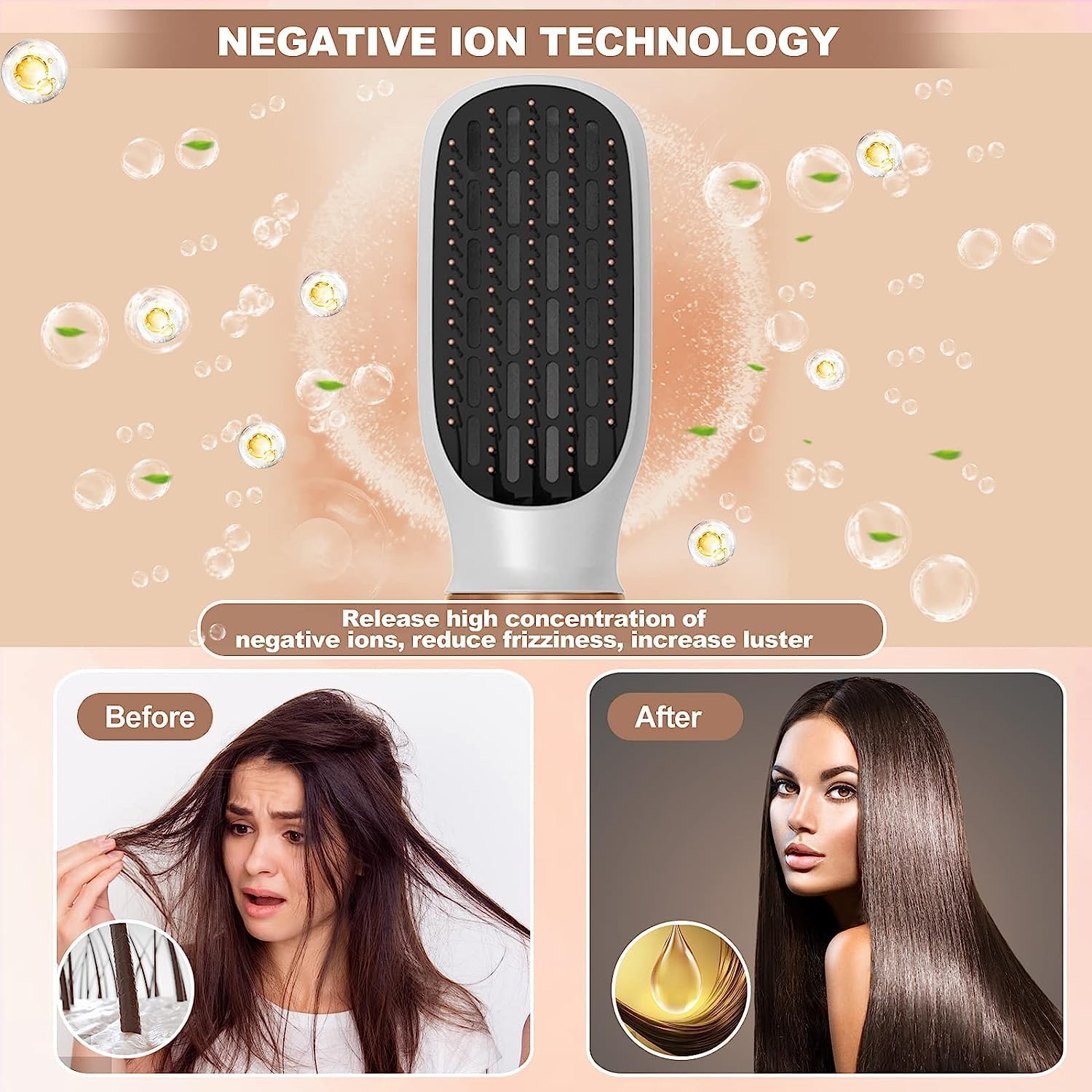 6-in-1 Blow Dryer Brush with Detachable Nozzle - Ionic Hot Air Styler & Curling Iron for Salon-Quality Hair at Home - Perfect for Travel, Styling, and Creating Voluminous Curls or Smooth Blowouts