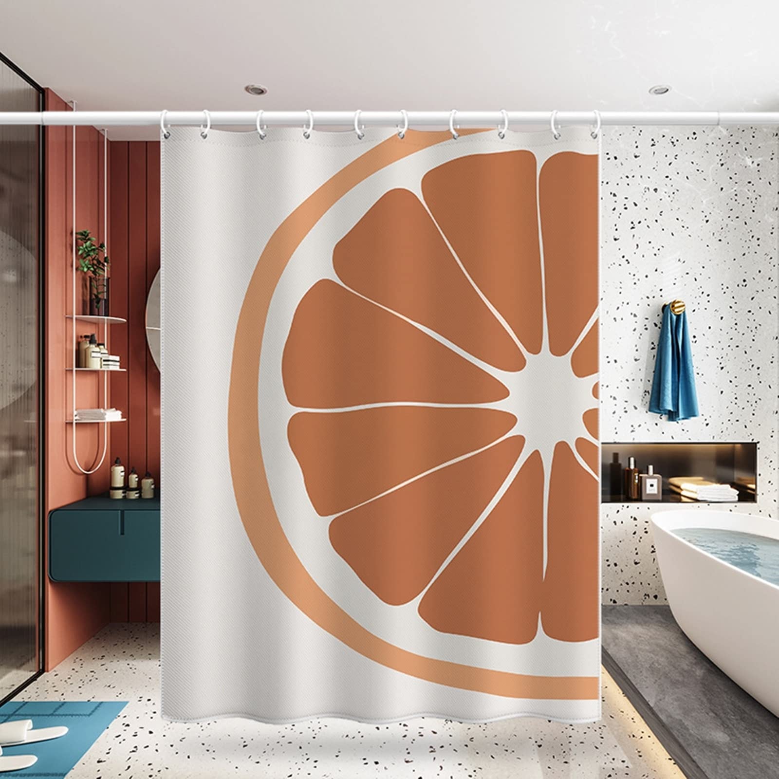 White Grey Polyester Waterproof Shower Curtain with Liner - 71x79 Inches (180x200cm) - Includes Hooks - Perfect for Bathroom Decor & Orange Accent Themes