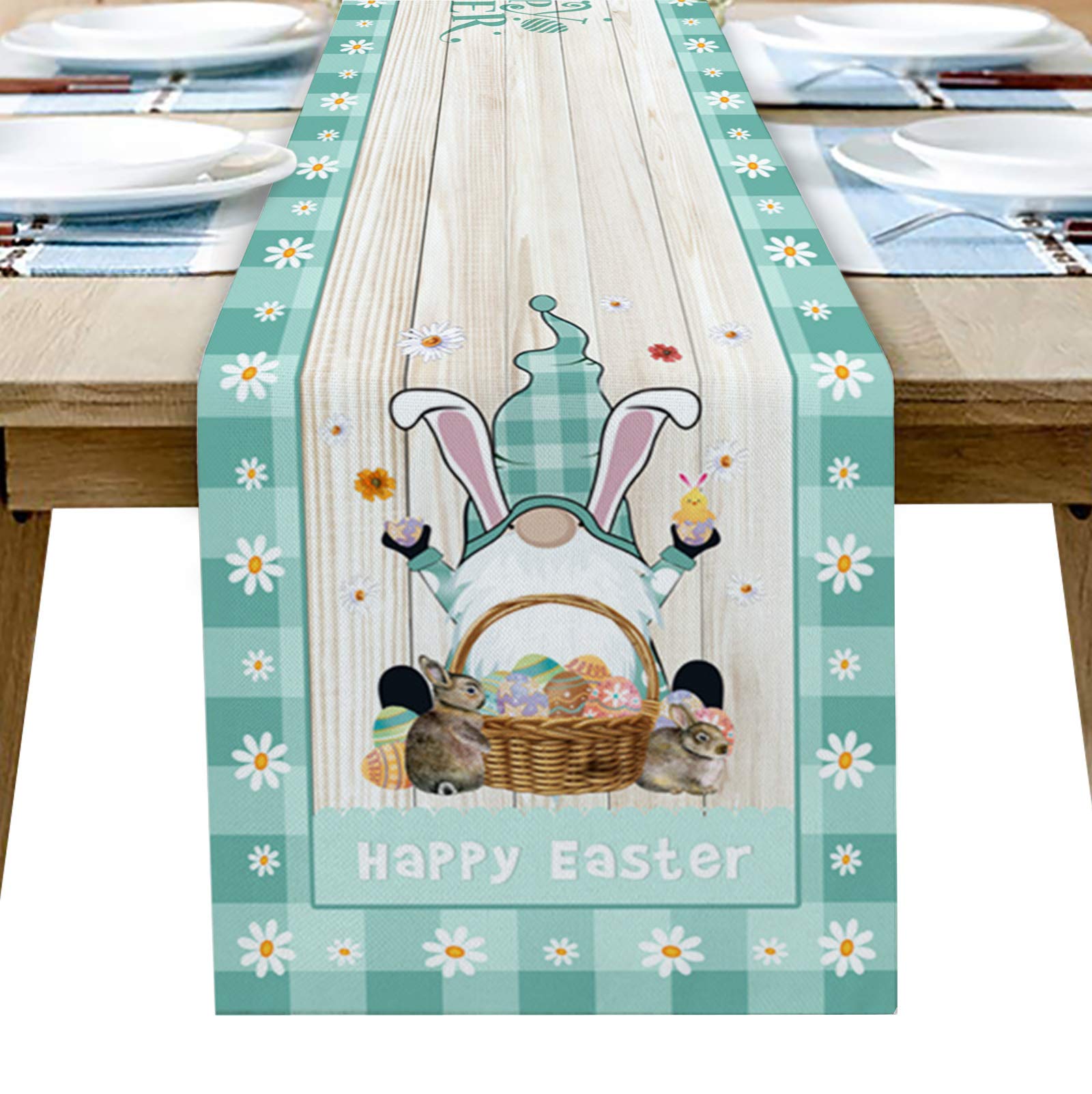 Easter Table Runner 13x90 Inches - Cute Gnome Bunny Egg Burlap Table Cover for Dining Room Kitchen Decor | Teal Buffalo Lace Retro Wooden Stripes Party Wedding Table Scarf | Perfect for Spring Celebrations, Holiday Dinners & Home Decor