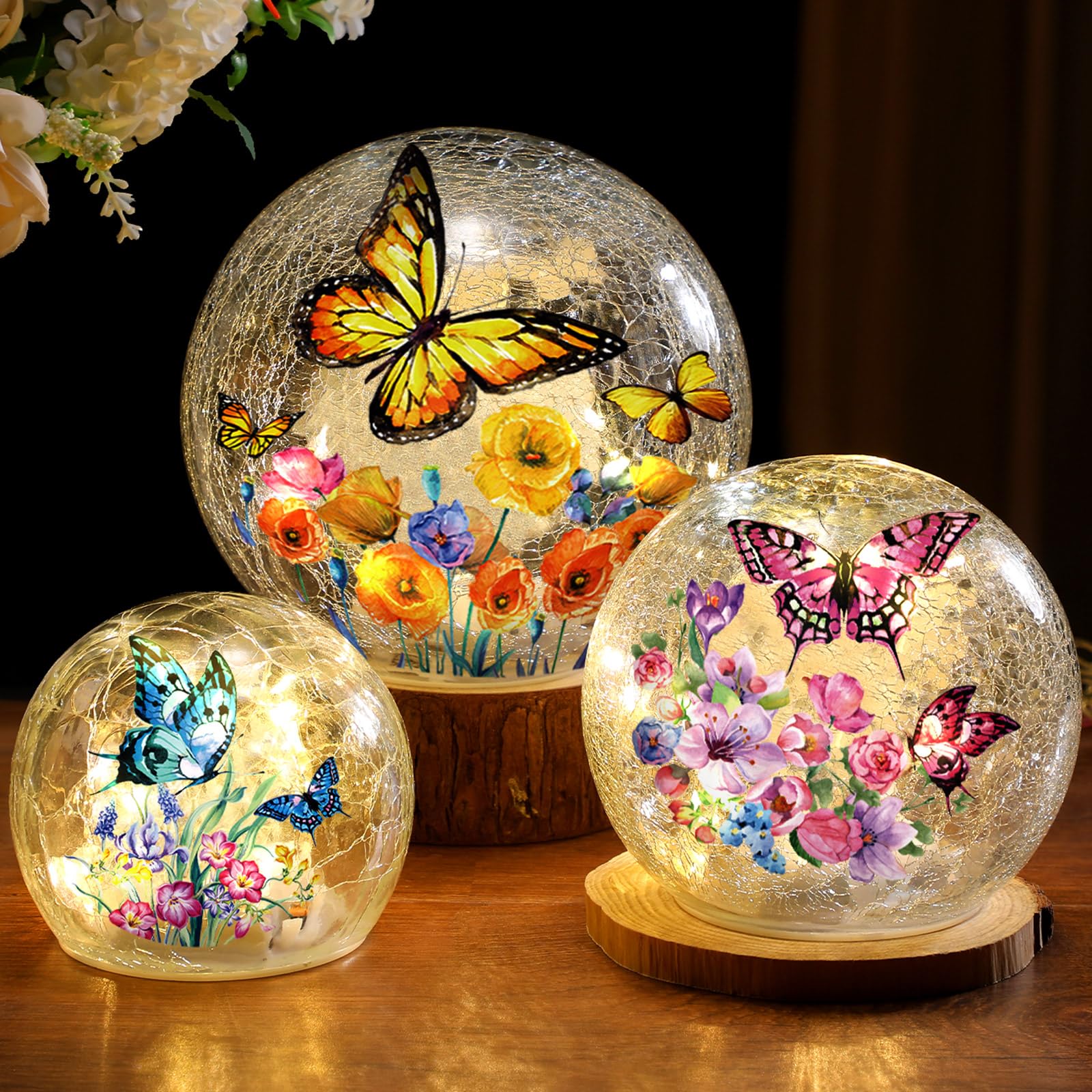 3-Piece Spring Butterfly Crackle Glass Ball Lights - LED Butterfly Globe Lamp for Home Decor, Indoor Tabletop Night Light, Romantic Bedroom & Living Room Decoration