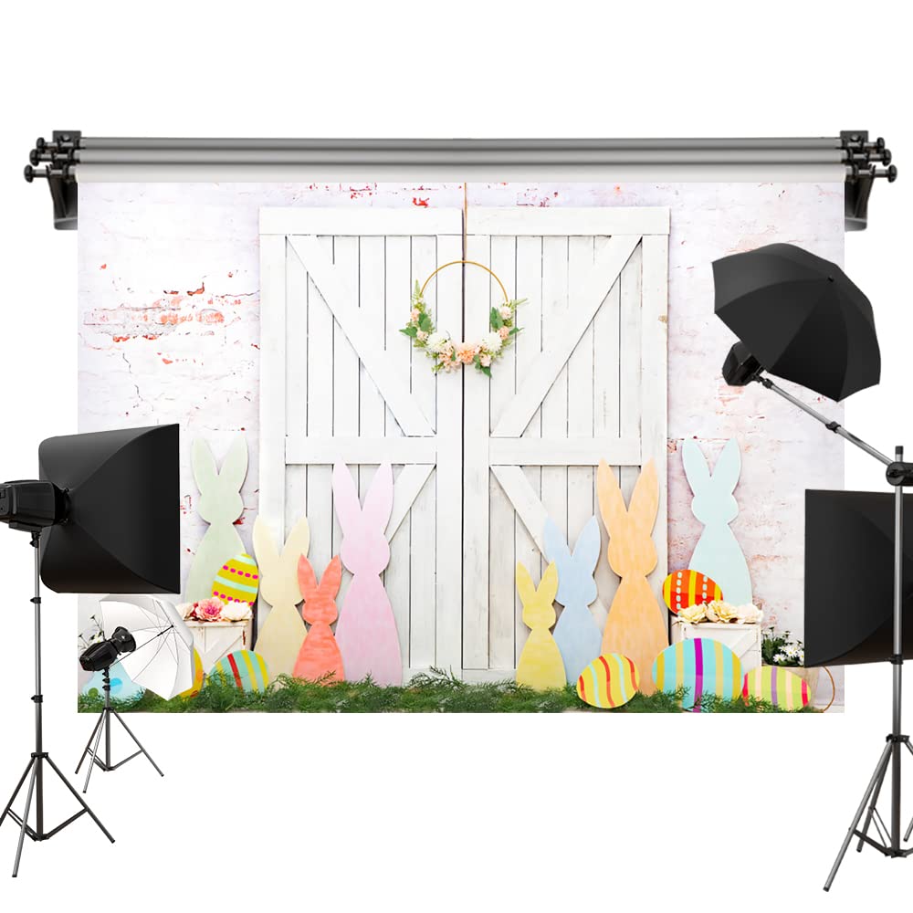 10x8ft Easter Colorful Eggs Backdrop with Bunny & White Barn Door - Perfect for Photo Studio Props, Easter Party Decor, Spring Photography Background