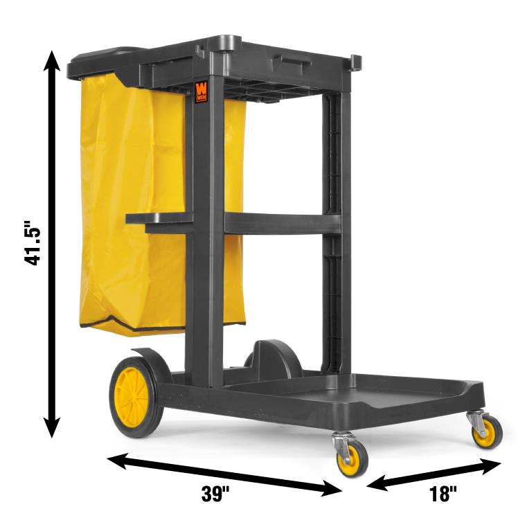 WEN 73033 Commercial Janitorial Cart with 3 Heavy-Duty Shelves & 25 Gallon Vinyl Trash Bag - Ideal for Office Cleaning, Hotel Housekeeping & School Maintenance