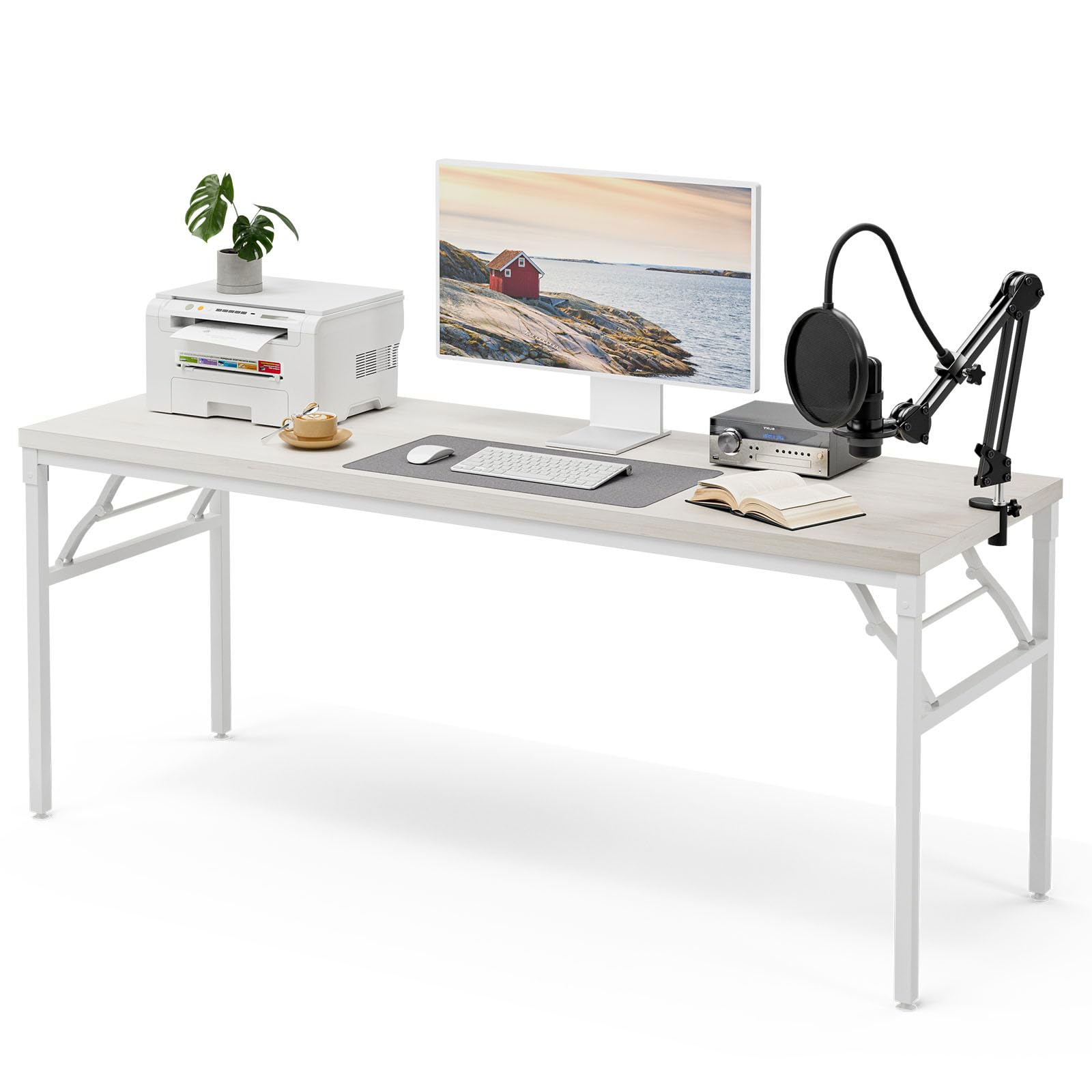 70 Inch TEMI Computer Desk - Large Wooden Folding Desk for Home Office | Executive Writing & Gaming Desk | Space-Saving Foldable Work Table (No Assembly Required, White) - Perfect for Small Spaces, Remote Work & Gaming Setups