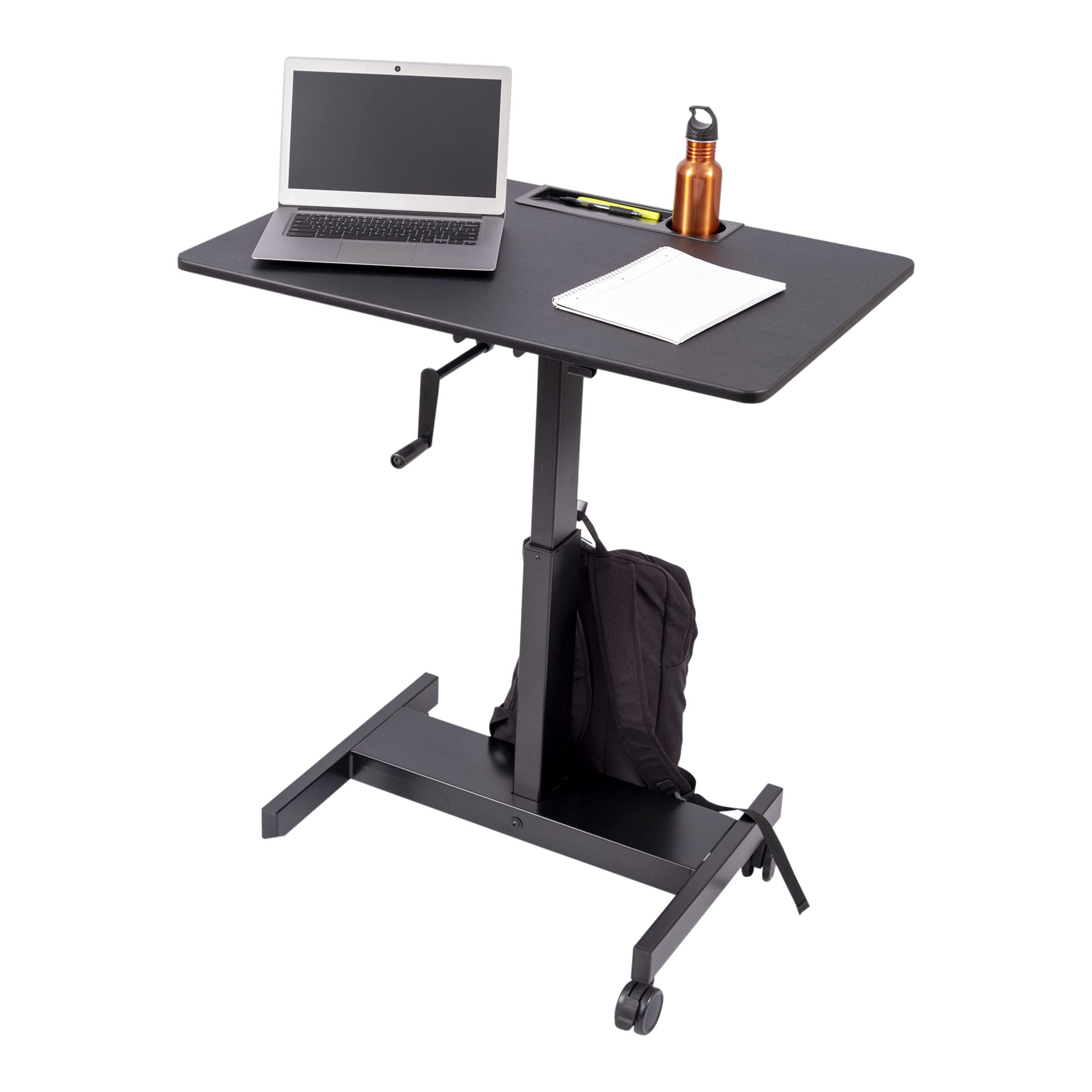 Adjustable Height Single Column Rolling Mobile Standing Desk with Crank - Black Frame & Top (36