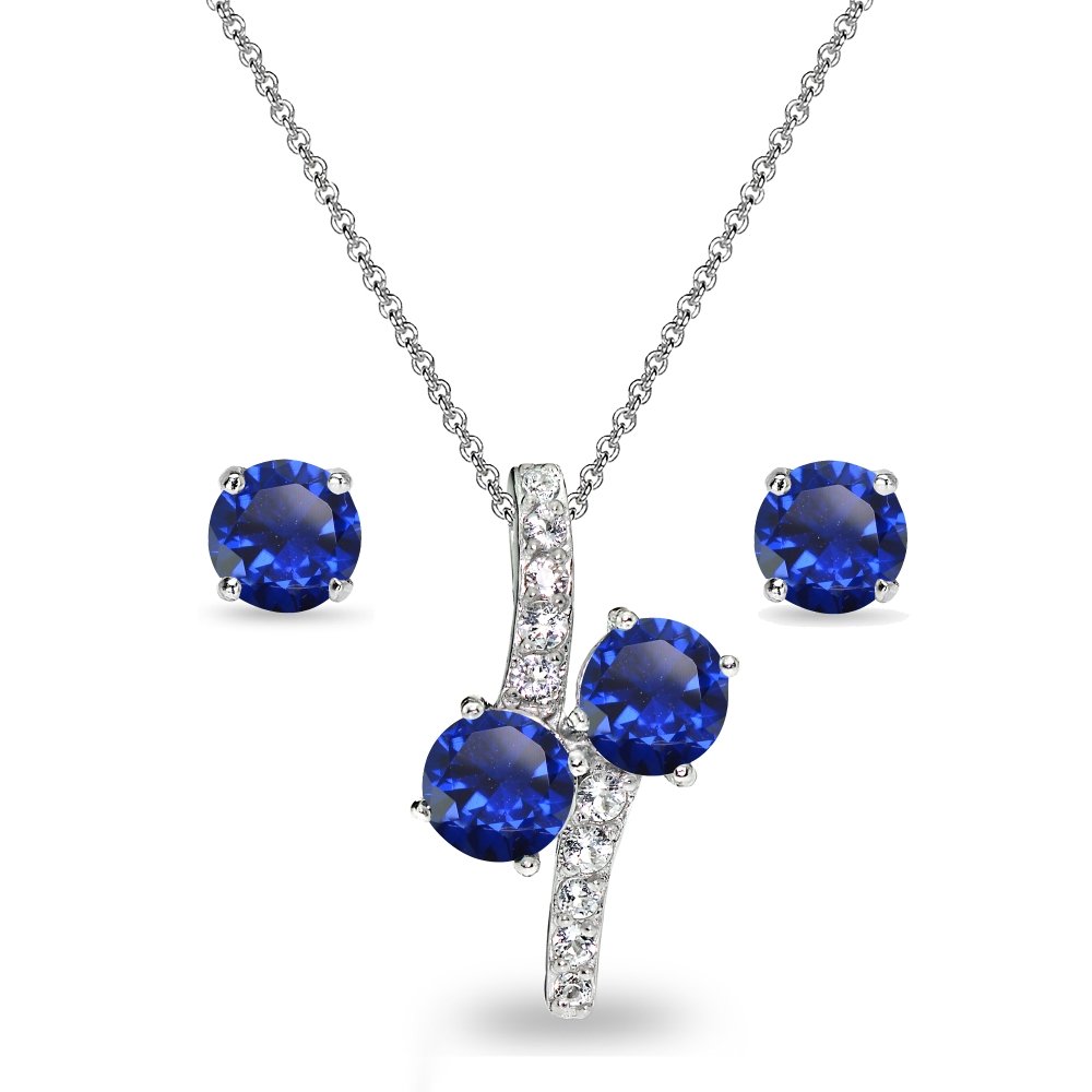 Sterling Silver Round Stud Earrings with Genuine/Created/Simulated Gemstones & Matching Friendship Necklace Set - Perfect for Gifts, Anniversaries and Everyday Wear