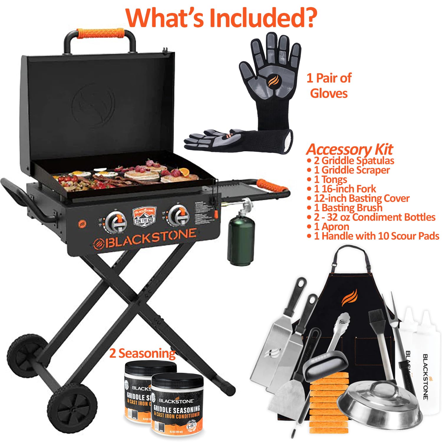 22 Inch Blackstone Griddle with Hood & Stand - Foldable Outdoor Flat Top Gas Grill - Portable Propane BBQ Grill with Accessories, Seasoning & Gloves - Perfect for Camping, Tailgating & Backyard Cooking