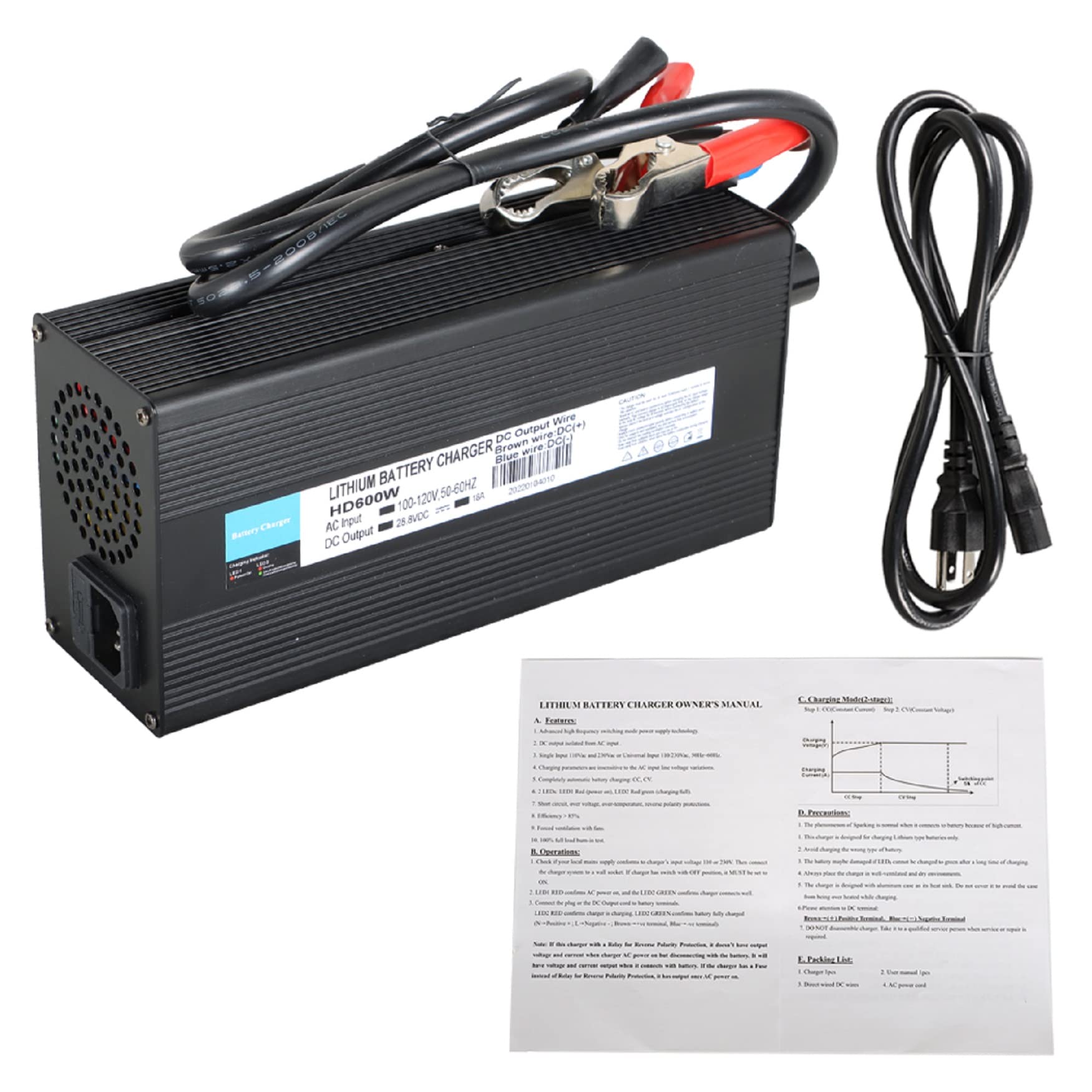 WFLNHB 28.8V 18A Smart Battery Charger for Lithium LiFePO4 Deep Cycle Rechargeable Batteries - AC/DC Charger with Alligator Clips for Lithium Iron Phosphate Batteries | Perfect for RVs, Solar Power Systems & Marine Applications