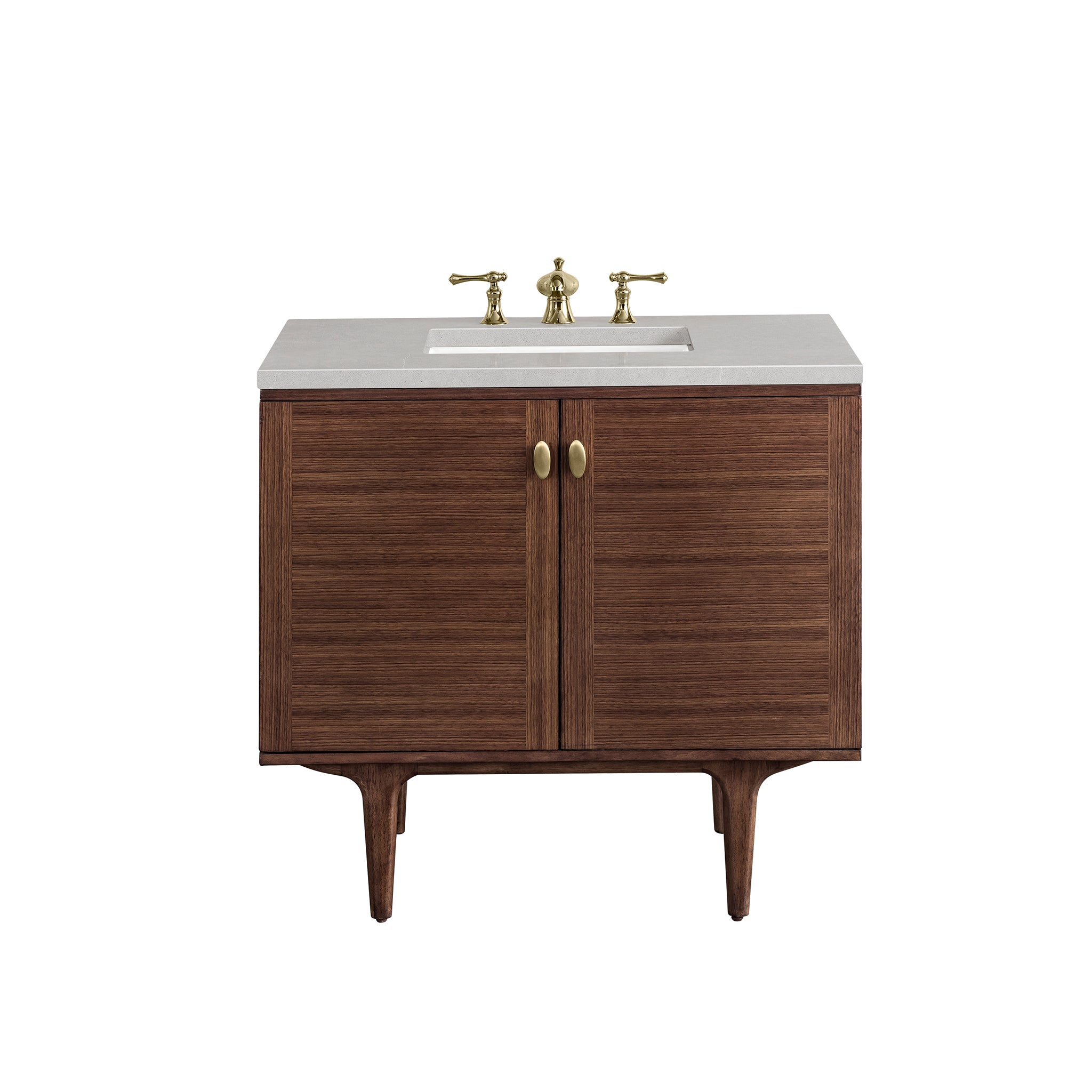 Amberly 36 Inch Single Bathroom Vanity with 3CM Eternal Serena Top - Mid Century Modern Walnut Design for Small Spaces, Powder Rooms & Master Baths