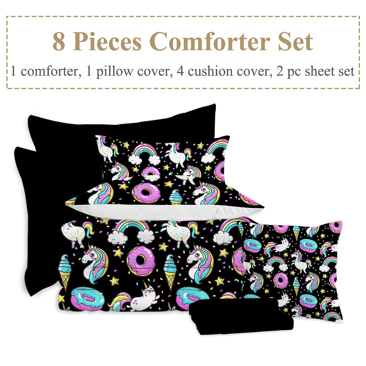 **Unicorn Donut Bedding Set - Cute Cartoon Rainbow Comforter 8-Piece Queen Size (Black/Pink) - Includes 1 Comforter, 2 Pillow Shams, 1 Flat Sheet, 1 Fitted Sheet, 1 Cushion Cover, 2 Pillowcases - Perfect for Kids' Room, Teen Girls' Bedroom & Themed Sleepovers**