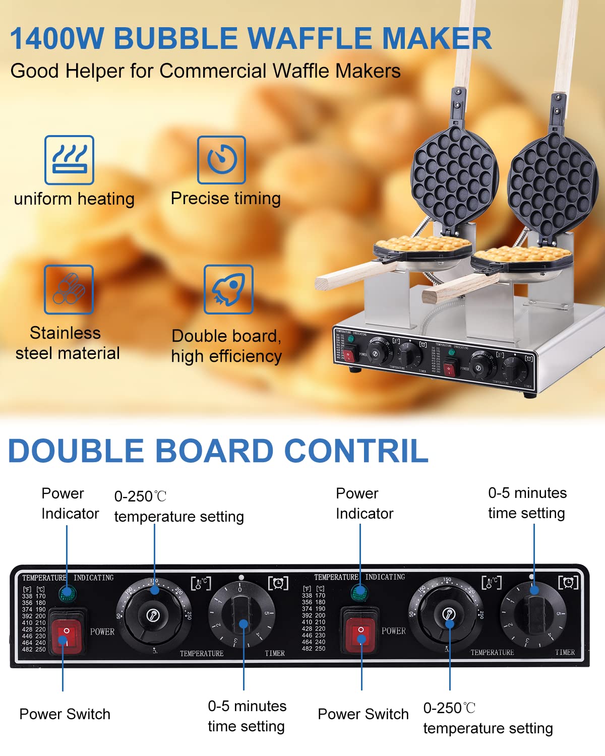 BAOSHISHAN 2800W Commercial Bubble Waffle Maker - Double Grid Electric Waffle Machine with 50-250°C Temperature Control, 180° Rotation & 0-5 Min Timer - Perfect for Cafes, Snack Shops & Home Breakfast (220V)
