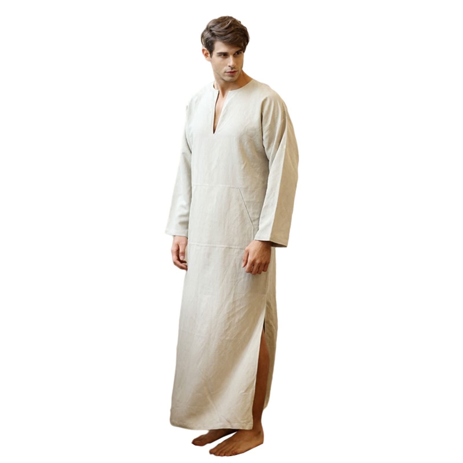 Premium Men's Cotton Linen Robe - Long Sleeve Bathrobe with Pockets, Loose Lounge Wear & Nightshirt for Home, Spa & Relaxation | Soft Retro Nightgown for Comfortable Lounging