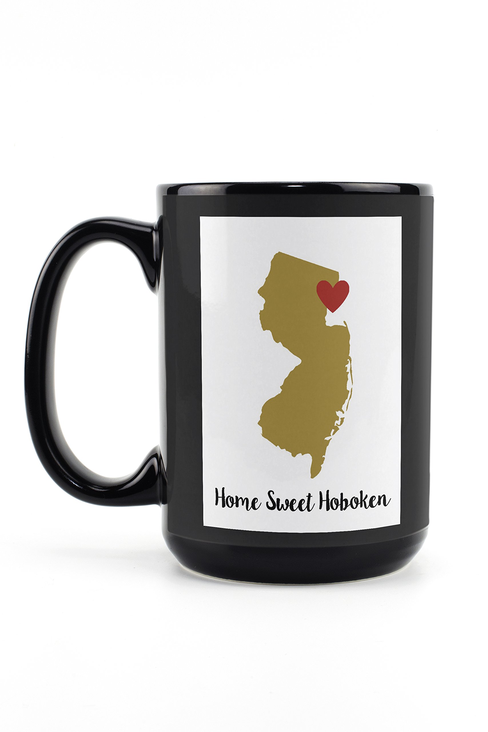 Lantern Press Home Sweet Hoboken New Jersey State Outline Heart Gold Red 15oz Black Ceramic Coffee Tea Mug - Dishwasher & Microwave Safe - Perfect for Home Office Gifts & Coffee Lovers