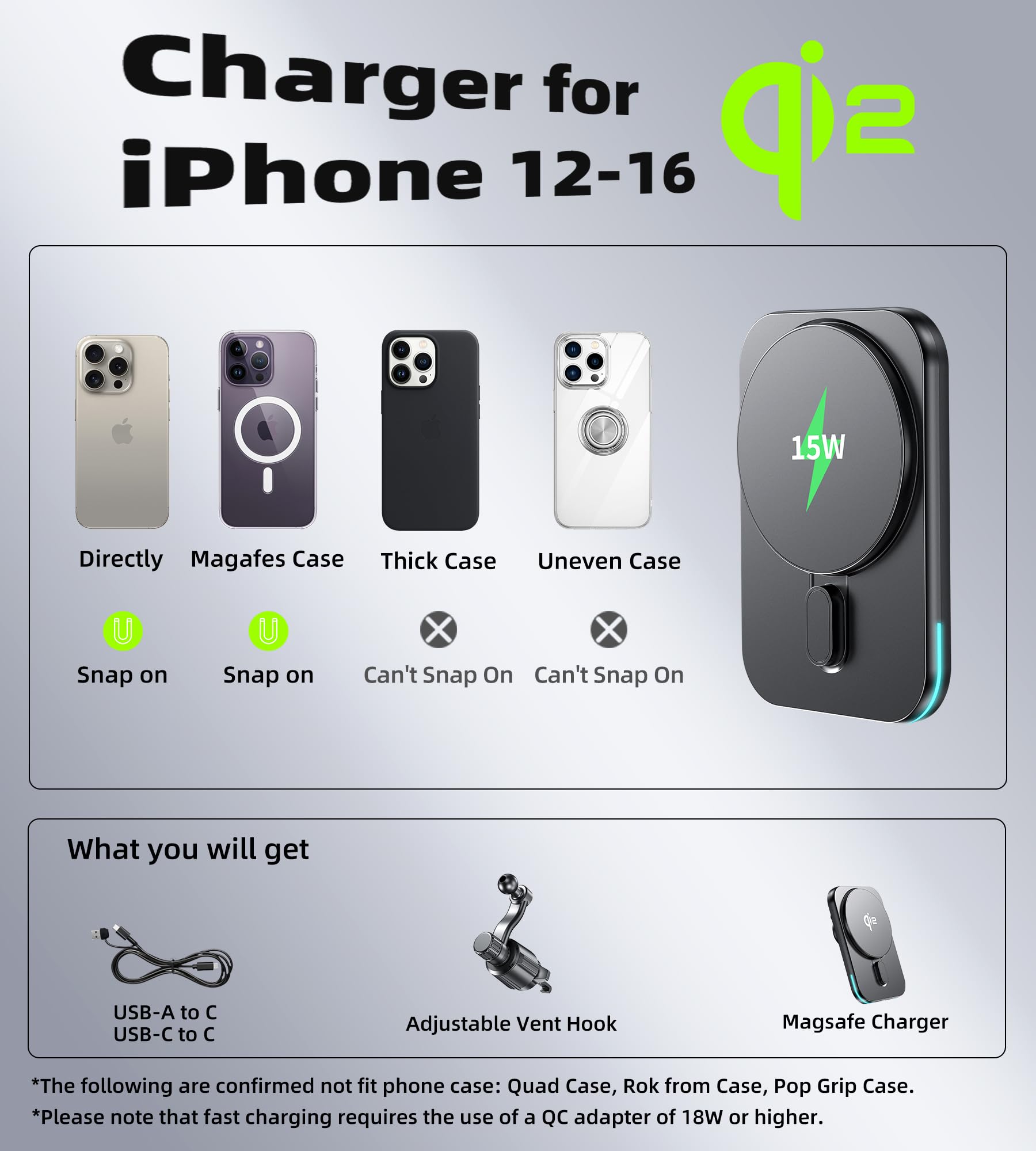 Qi2 15W MagSafe Car Charger Mount - Qi2 Certified Magnetic Wireless Car Phone Holder for iPhone 16/15/14/13/12 Pro Max Plus - Fast Charging Air Vent Mount for Safe Driving & Hands-Free Navigation