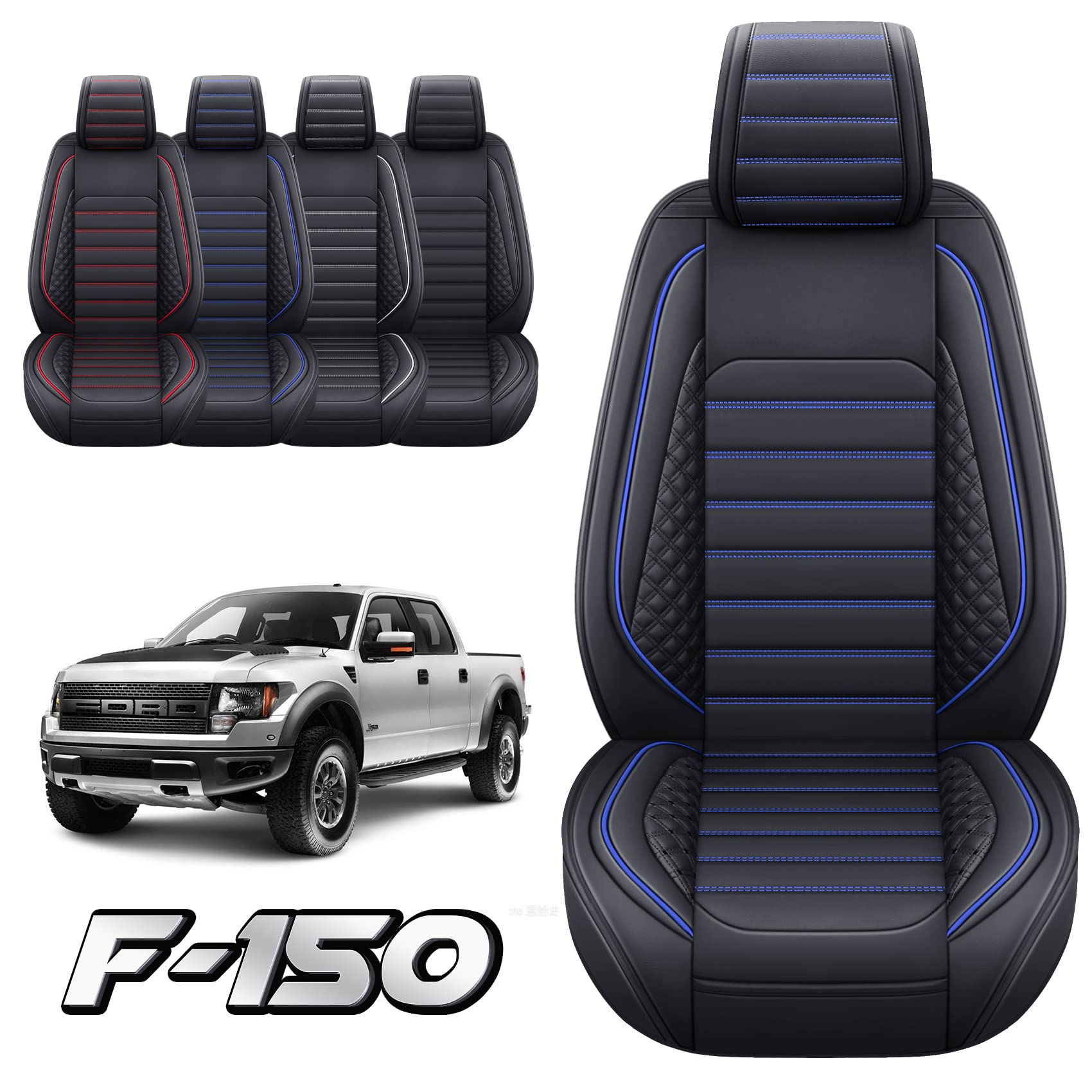 Waterproof Leather Seat Covers for Ford F150 (2009-2025) & F250/F350/F450 (2017-2025) - King Ranch & Limited Edition Pickup Truck Accessories - 2-Piece Front Set in Black & Blue - Durable Cushion Protectors for Off-Roading, Work Commutes & Family Road Trips