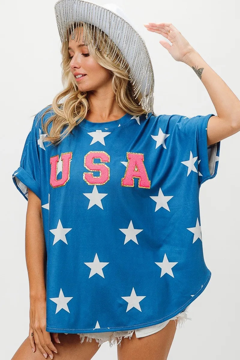 BiBi Fourth Of July Patriotic Star Knit T-Shirt - American Flag Themed Casual Top for Independence Day Celebrations & Summer Outfits