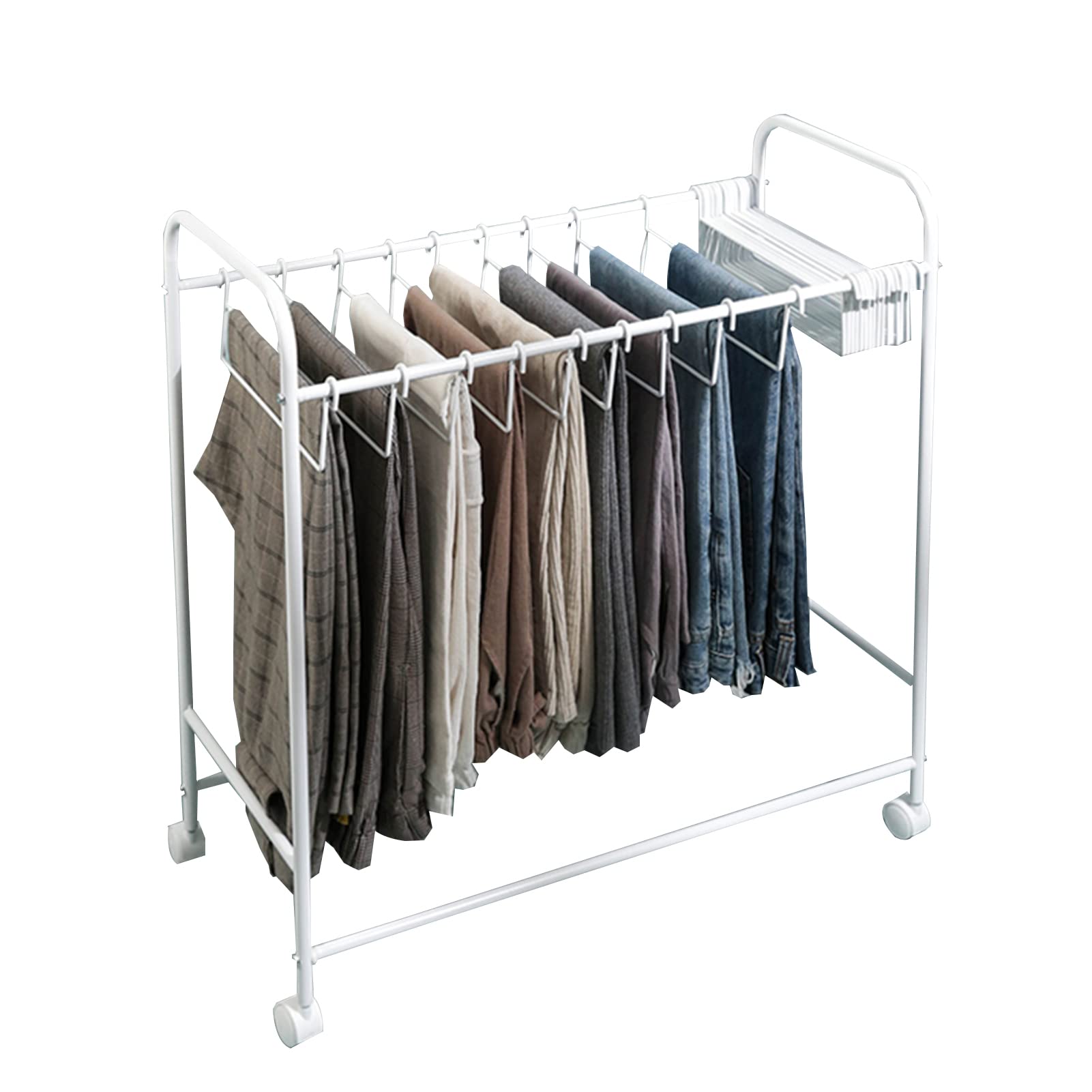 Metal Multi-Hook Pants Storage Rack with Removable Rollers - Space Saving Wardrobe Organizer for Jeans, Skirts & Trousers | Perfect for Closet, Bedroom & Laundry Room Organization