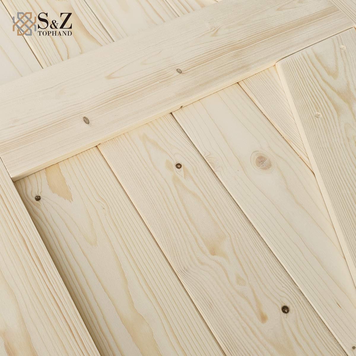 **S&Z TOPHAND 38x84 Inch Unfinished British Brace Knotty Barn Door with 6.6FT Sliding Hardware Kit - Solid Wood, Double Surfaces, Easy Assembly (J-Shape Track) - Perfect for Farmhouse, Rustic, or Modern Home Décor**