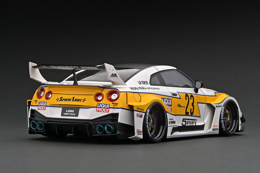 1:18 Scale Nissan 35GT-RR LB Silhouette Works GT Diecast Model Car - White & Yellow Color with Detailed Engine - Perfect for Collectors, Display, and Racing Enthusiasts