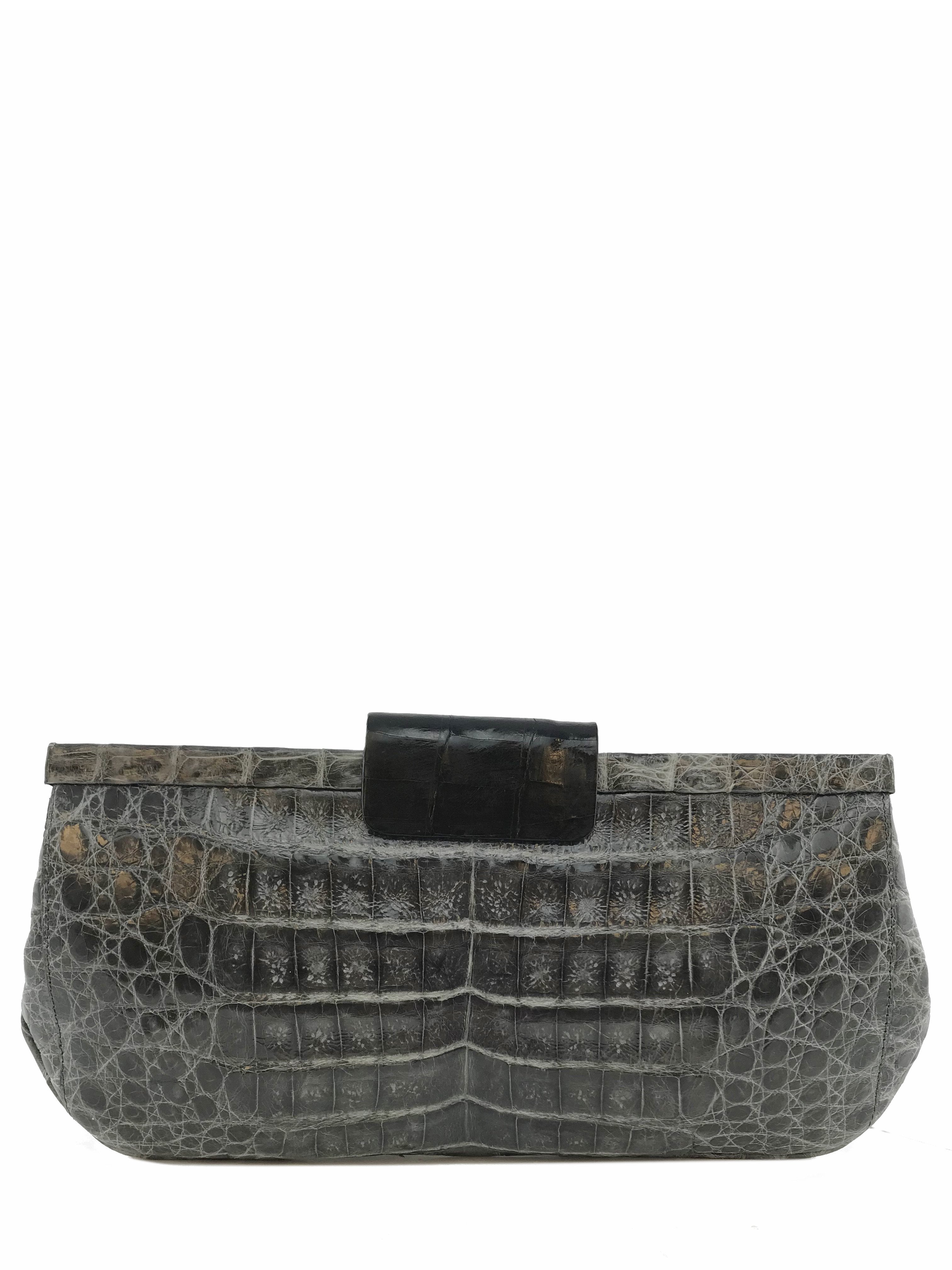 Nancy Gonzalez Shiny Crocodile Leather Clutch Bag - Elegant Frame Design for Evening Parties & Special Occasions