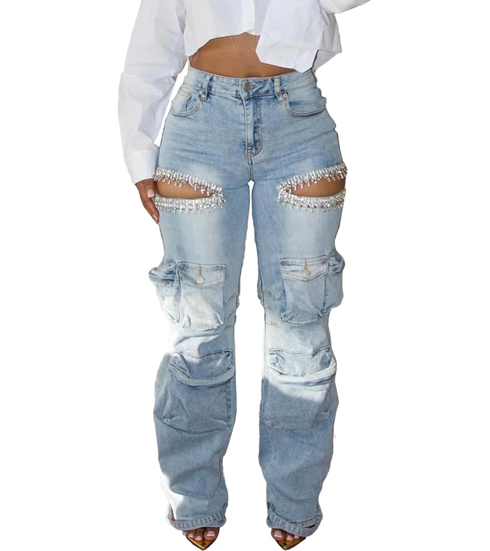 Famnbro Women's Y2K High Waisted Cargo Jeans - Ripped Rhinestone Straight Wide Leg Baggy Denim Pants for Casual Streetwear & Retro Fashion