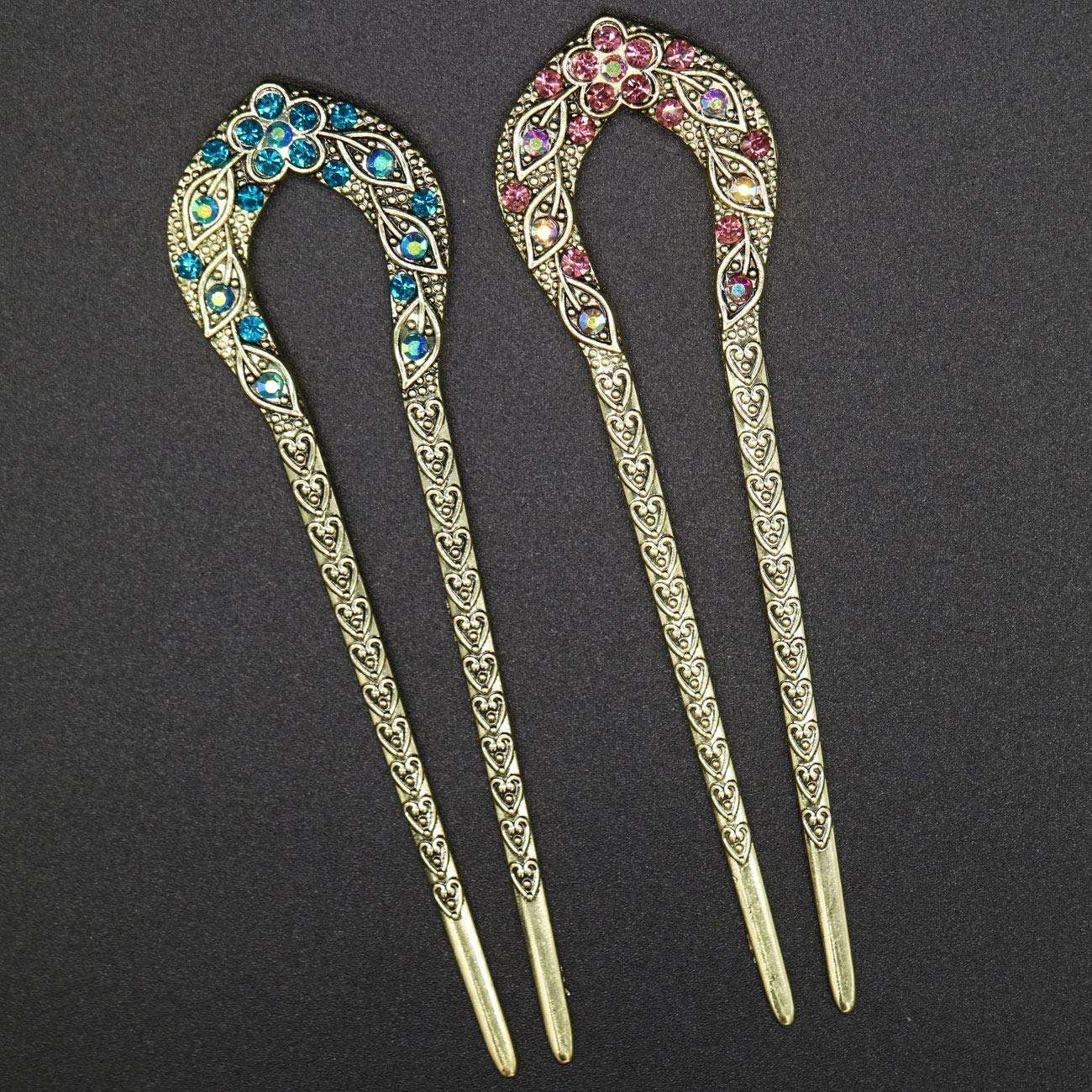 2 Pcs Vintage Crystal Rhinestone Hair Sticks - Double Prong Hair Pins for Chignon, Updo & Bun Hairstyles - Perfect for Weddings, Parties & Special Occasions