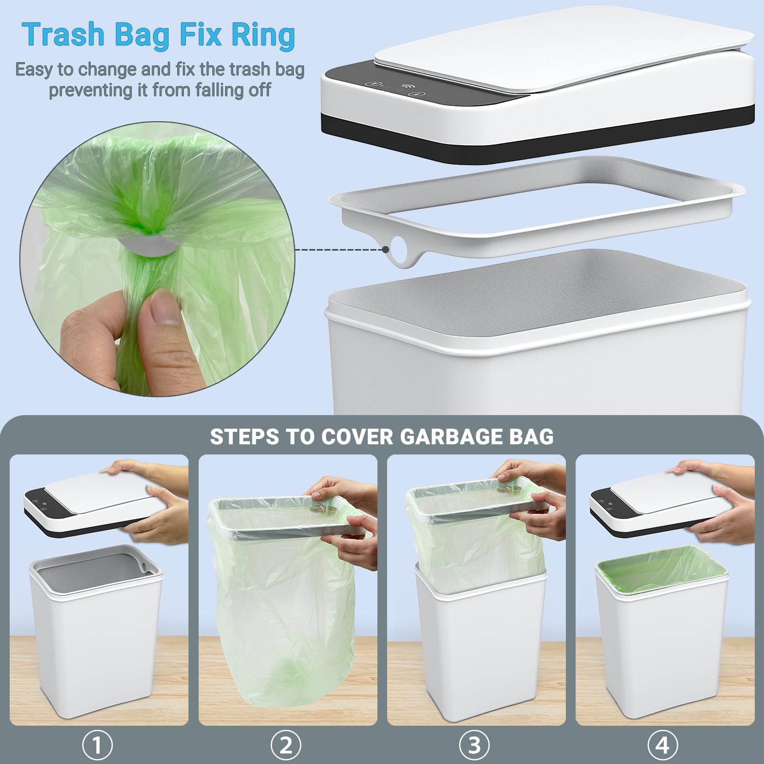 4 Gallon Automatic Motion Sensor Touchless Trash Can - Smart Electric Garbage Bin with Lid & Extra Container, Waterproof Design for Bathroom, Kitchen, Office, Bedroom (White) | Hands-Free Waste Disposal Solution for Hygienic Home & Workspaces