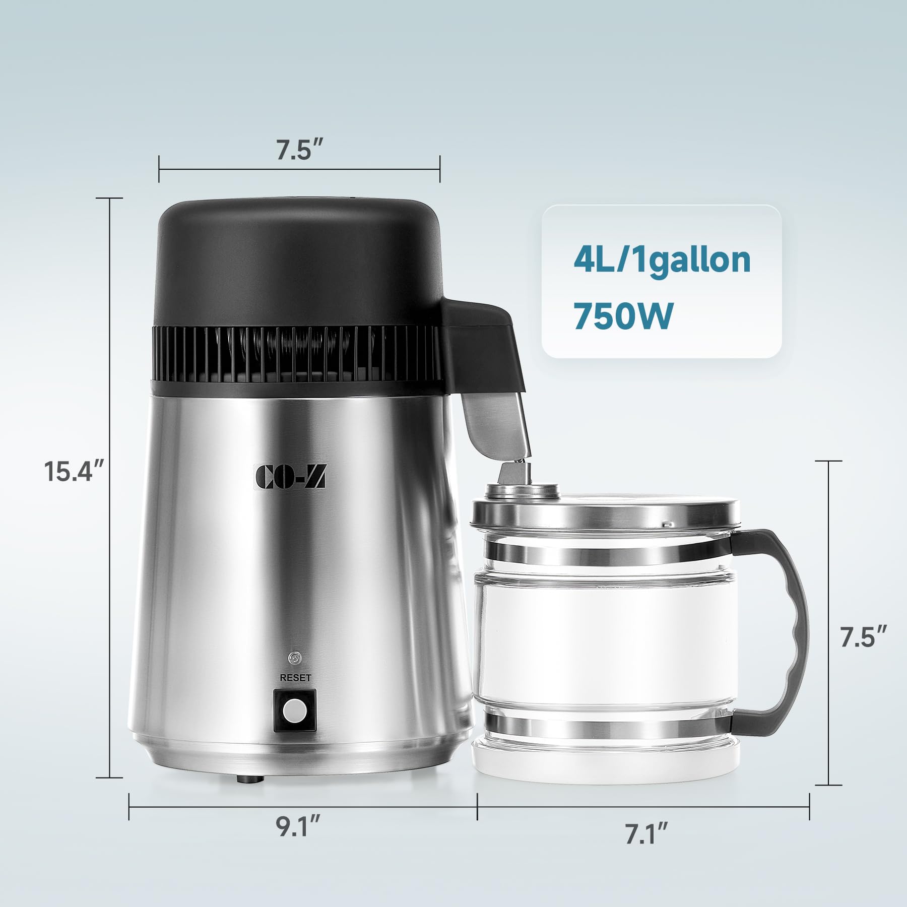 CO-Z 4L Brushed Stainless Steel Water Distiller Machine | Home Distilled Water Maker with Glass Pot | Water Purification System for Clean Drinking Water | Perfect for Home, Office, and Emergency Preparedness