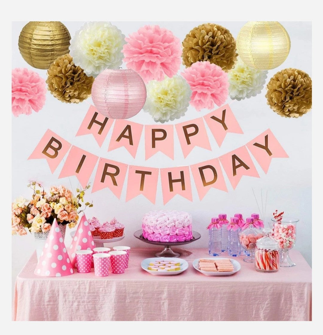 Pink Birthday Party Decorations Set - Elegant Balloons, Banners & Tableware for Girls' Birthday, Baby Shower, Bridal Shower & Anniversary Celebrations