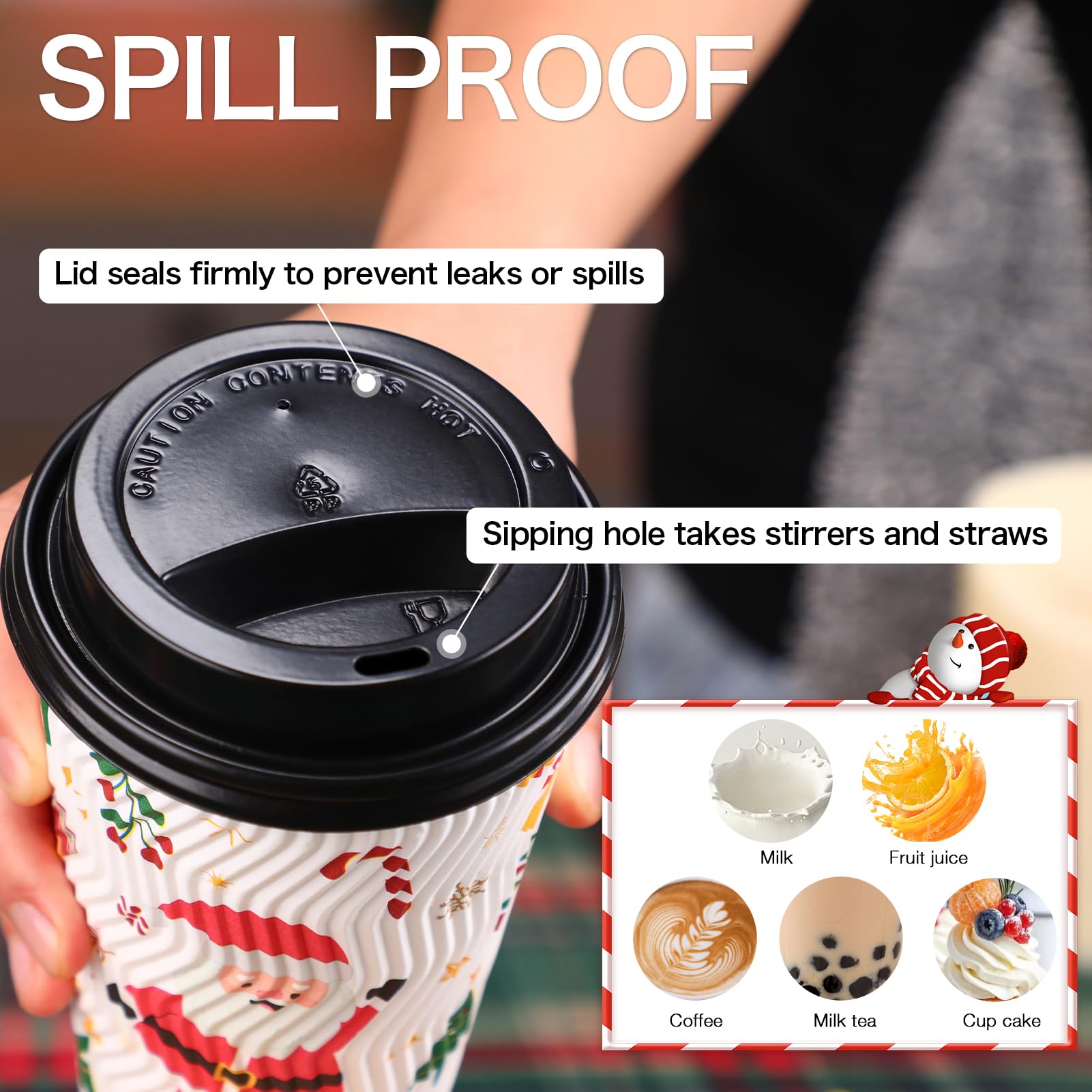 Lamosi 50 Pack - 16 oz Insulated Disposable Christmas Coffee Cups with Lids, Corrugated Ripple Wall Hot Drink Paper Cups for Holiday Parties, Office Events & Christmas Gatherings - Perfect for Hot Cocoa, Coffee & Tea On-The-Go