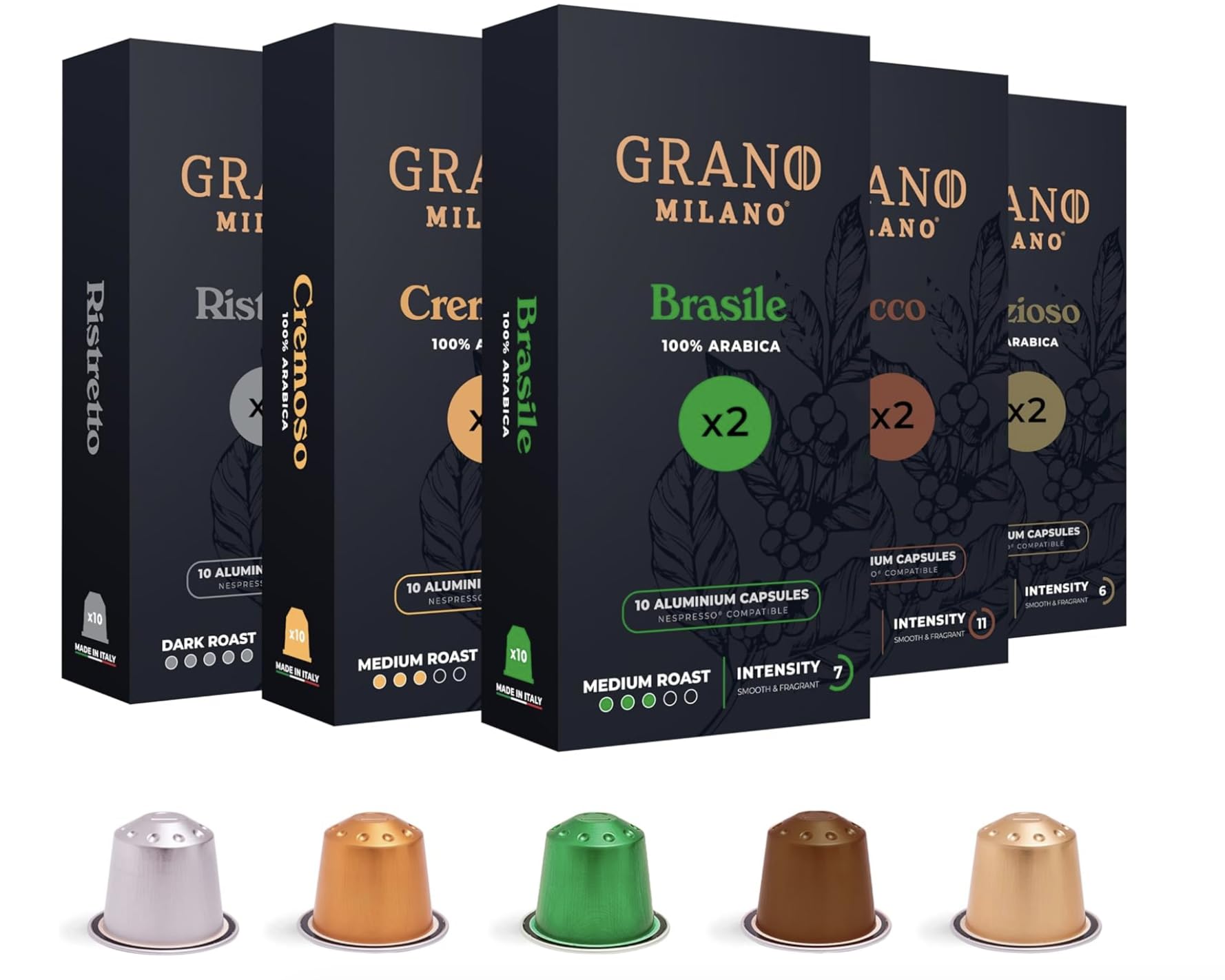 Grano Milano Aluminum Coffee Pods Variety Pack - 100 Espresso Capsules Medium & Dark Roast, Nespresso Original Line Compatible, Italian Coffee for Home & Office Use