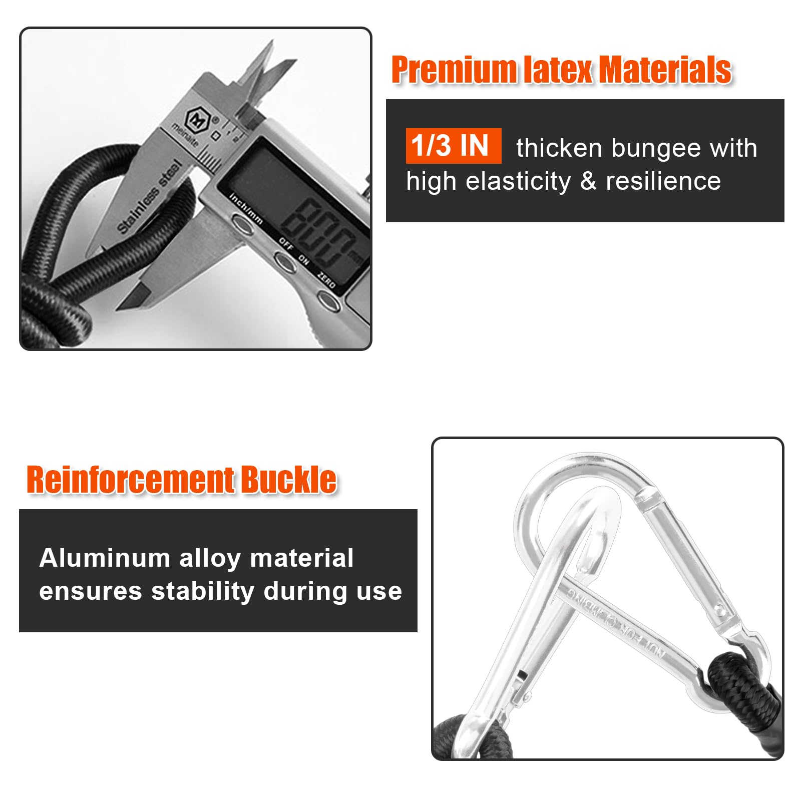Heavy Duty 12 Inch Bungee Cords with Carabiner Hooks - 1/3 Inch Thick Black Elastic Straps (6 Pack) - Perfect for Camping Gear, Bike Racks, RV Cargo, Tarp Tie Downs, Tent Securing & Luggage Straps - Outdoor & Home Organization Essentials