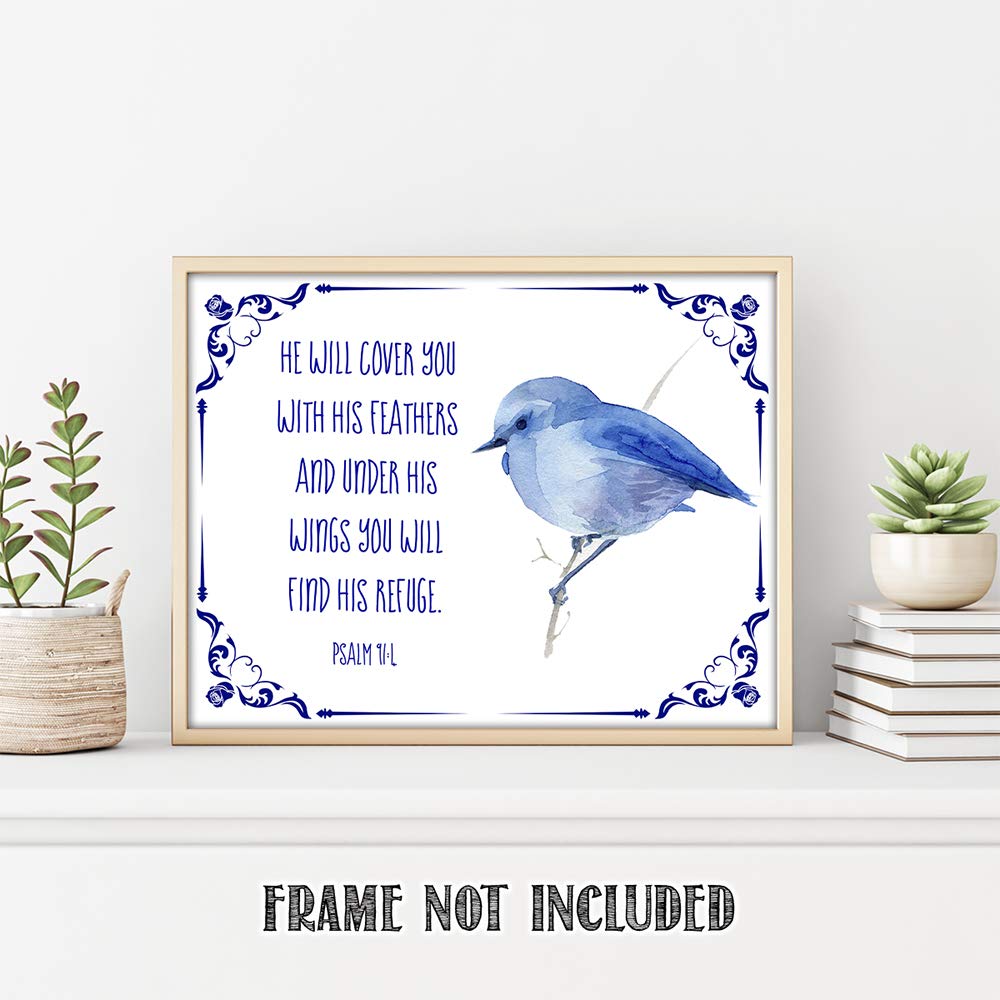 Psalm 91:4 Bible Verse Wall Print - 11x14 Watercolor Art - Inspirational Home Decor & Gift