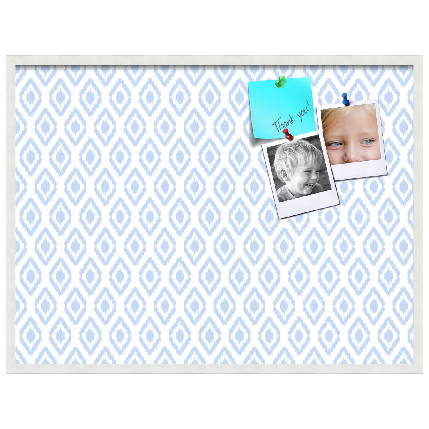 PinPix 40x30 Inch Cork Bulletin Board with Ikat Light Blue Design & Satin White Frame - Decorative Wall Pin Board for Home Office School Decor - Perfect for Notes, Photos, Reminders & Vision Boards