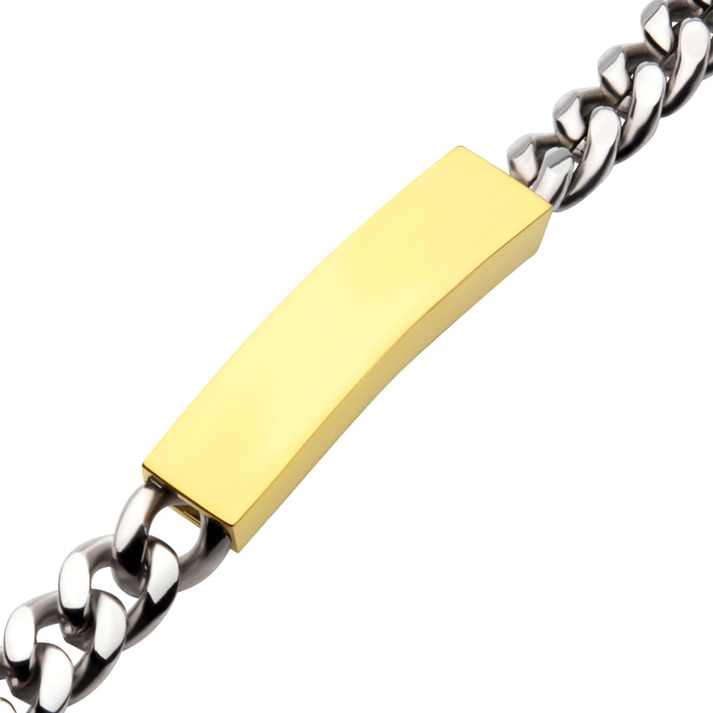 10mm Steel Curb Chain Two-Tone Bracelet with 18K Gold IP Engravable ID Plate - Durable Unisex Jewelry for Men & Women, Perfect for Gifts, Anniversaries & Everyday Wear