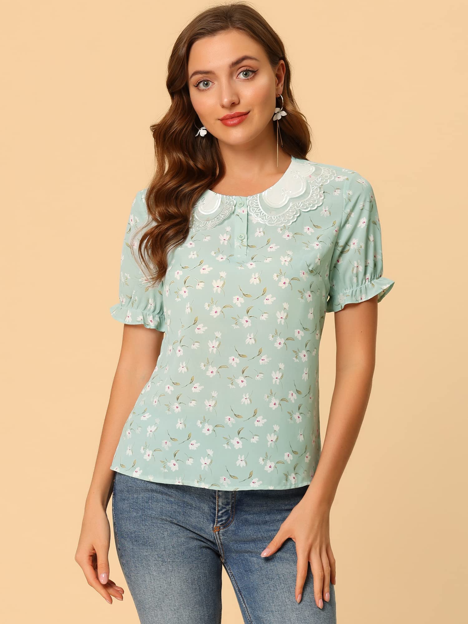 Allegra K Women's Floral Ruffled Short Sleeve Peter Pan Collar Blouse - Elegant Casual Top for Work, Date Night & Spring Outfits