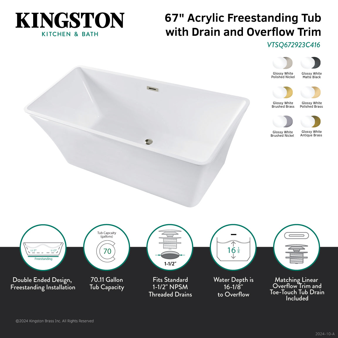 Aqua Eden 67-Inch Acrylic Freestanding Bathtub - Glossy White with Antique Brass Finish - Double-Ended Rectangular Soaking Tub with Drain - Perfect for Luxury Bathrooms & Spa Retreats