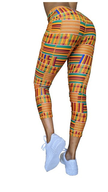 Washoge ESI Kente Print Women's High Waist Yoga Pants with Pockets - Comfortable Workout Leggings for Gym, Running & Casual Wear