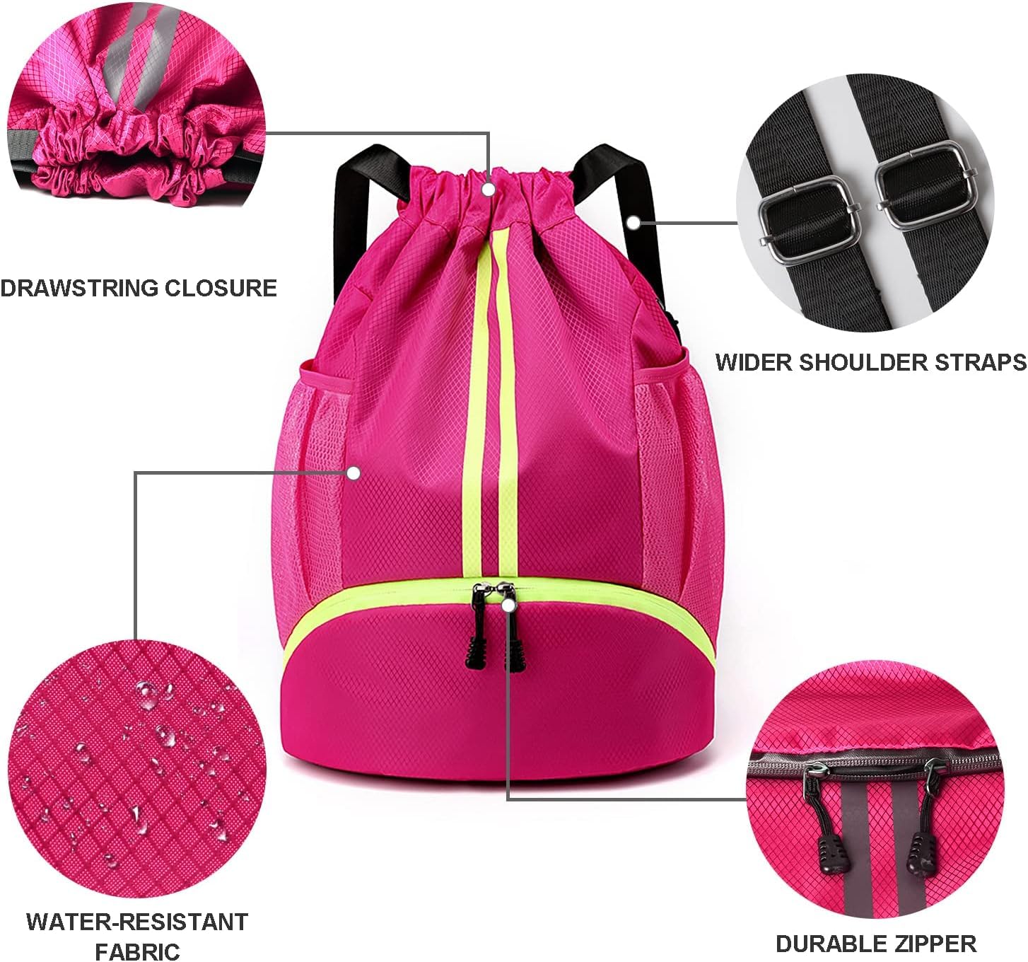 Gym Drawstring Backpack for Men & Women - Sports Workout Basketball Bag with Wet/Dry Separation Pockets & Shoe Compartment - Ideal for Running, Fitness, Cycling, Swimming, Camping (Rose Red)