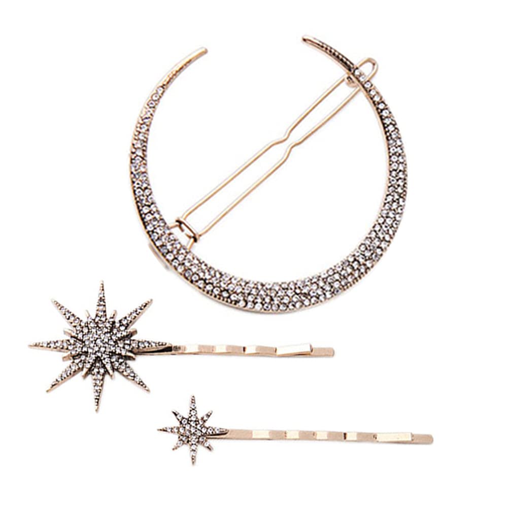 3pcs Star Moon Rhinestone Hair Clips for Women & Girls - Elegant Hair Accessories for Parties, Weddings, and Everyday Wear