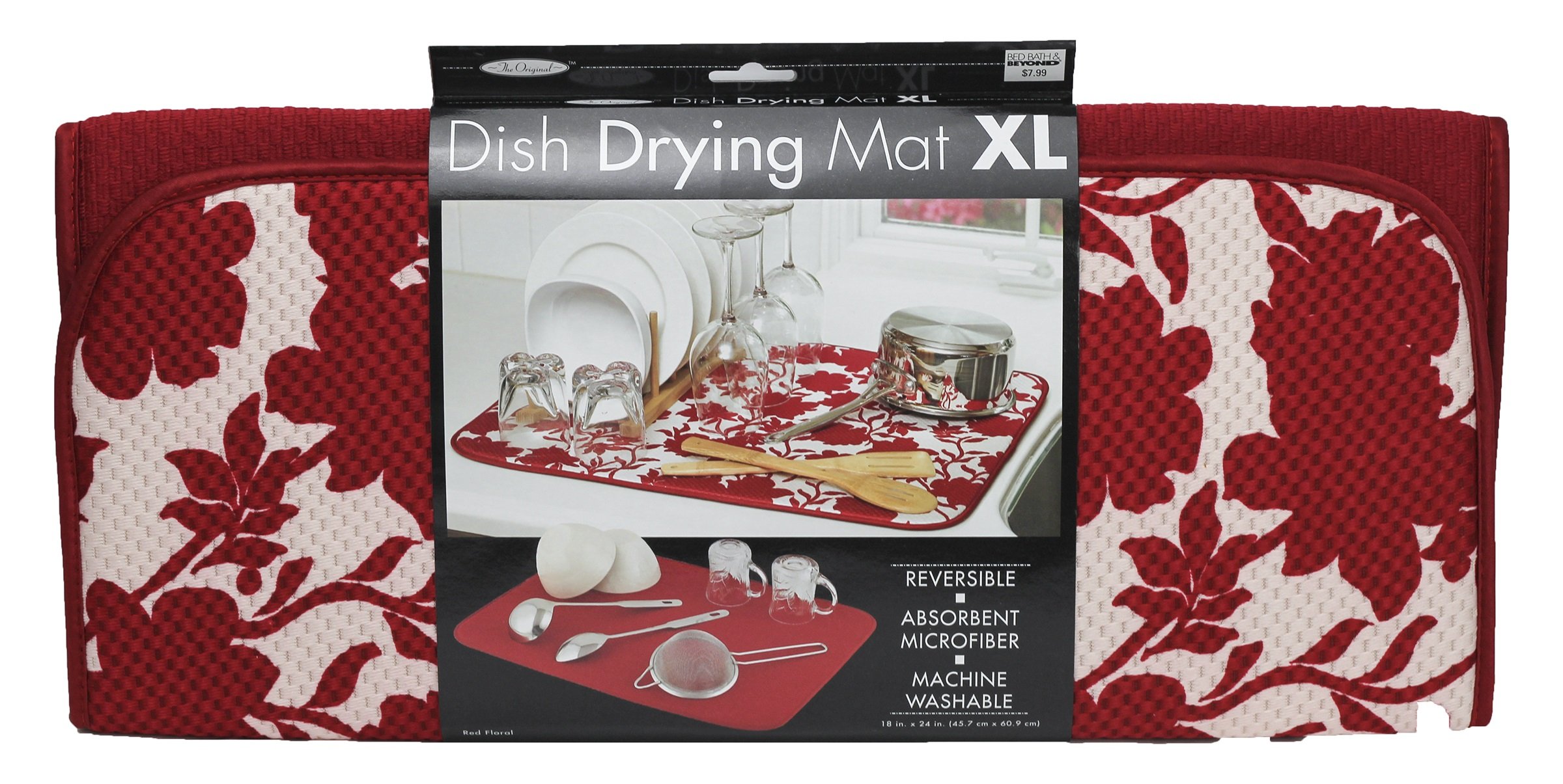 The Original Red Floral Dish Drying Mat - Absorbent Kitchen Counter Drying Rack for Plates, Cups & Utensils - Perfect for Kitchen, RV & Small Spaces