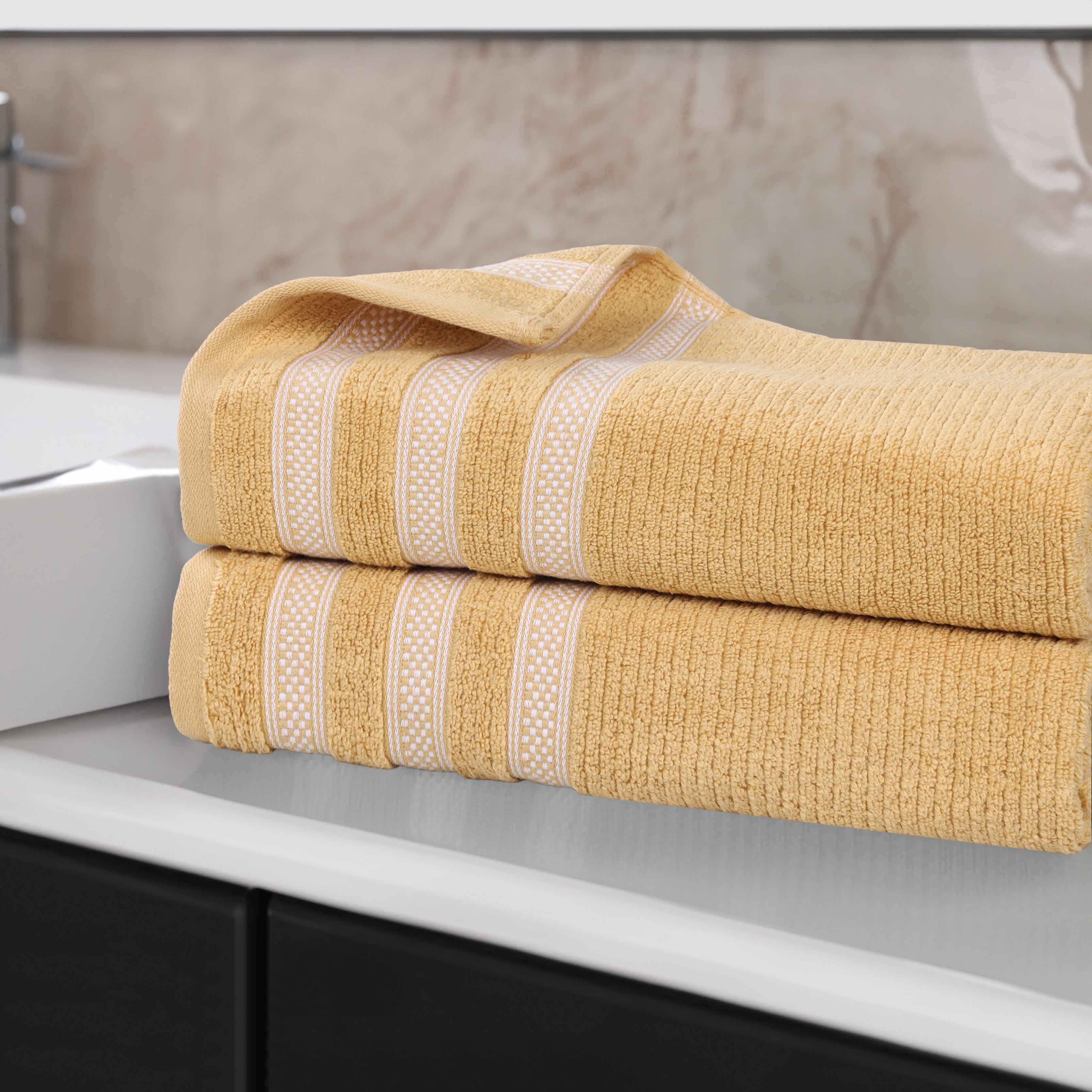 Soft Zero Twist Cotton Ribbed Geometric Border Plush Bath Towel Set of 2 - Ultra Absorbent Luxury Bath Sheets for Spa, Hotel & Home Use
