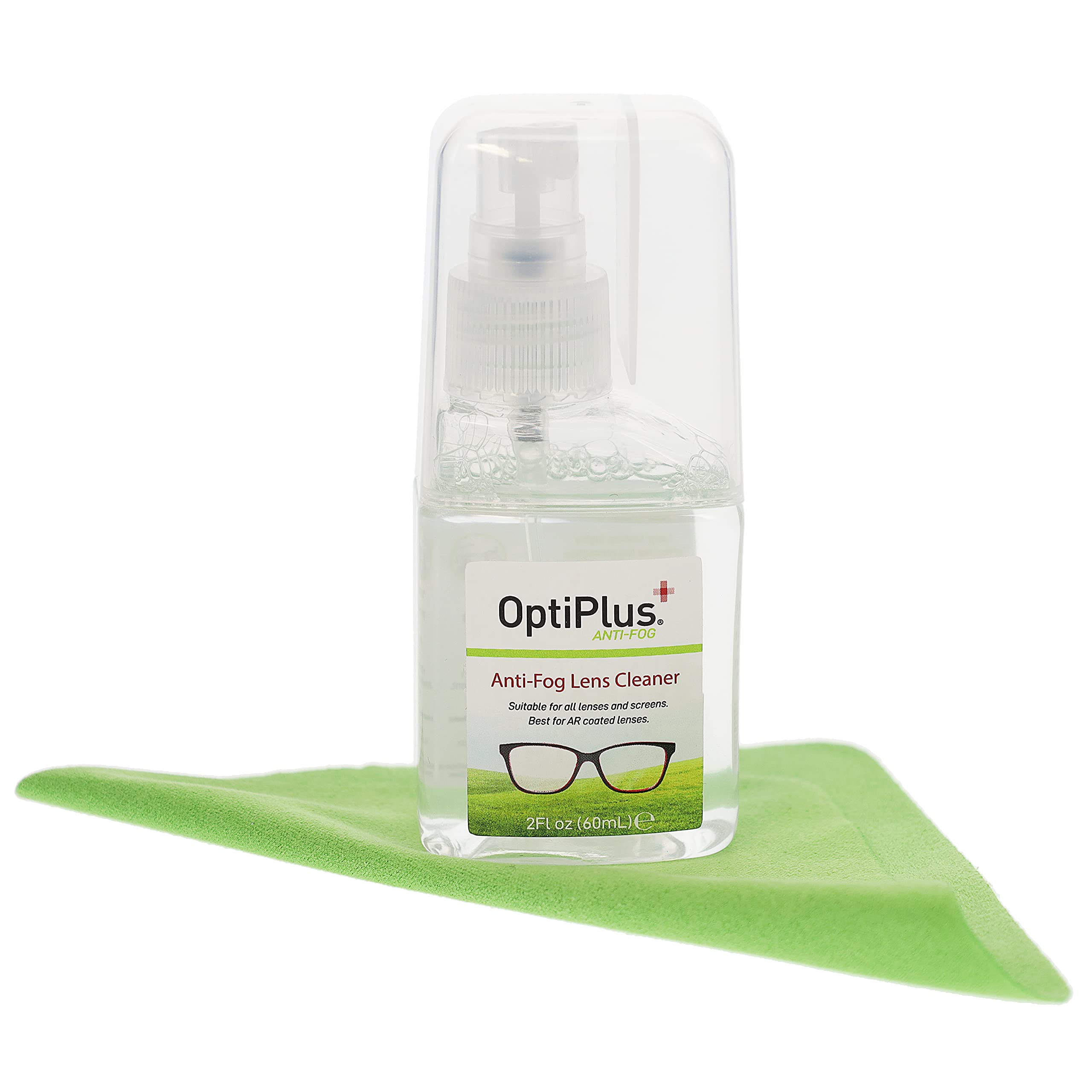 OptiPlus Anti-Fog Lens Cleaning Spray Kit - 2oz Cleaning Solution & Microfiber Cloth for Glasses, Laptops, Phones, Cameras, Goggles & Watches | Defogging & Streak-Free Cleaning | Perfect for Office, Travel, Sports & Outdoor Activities