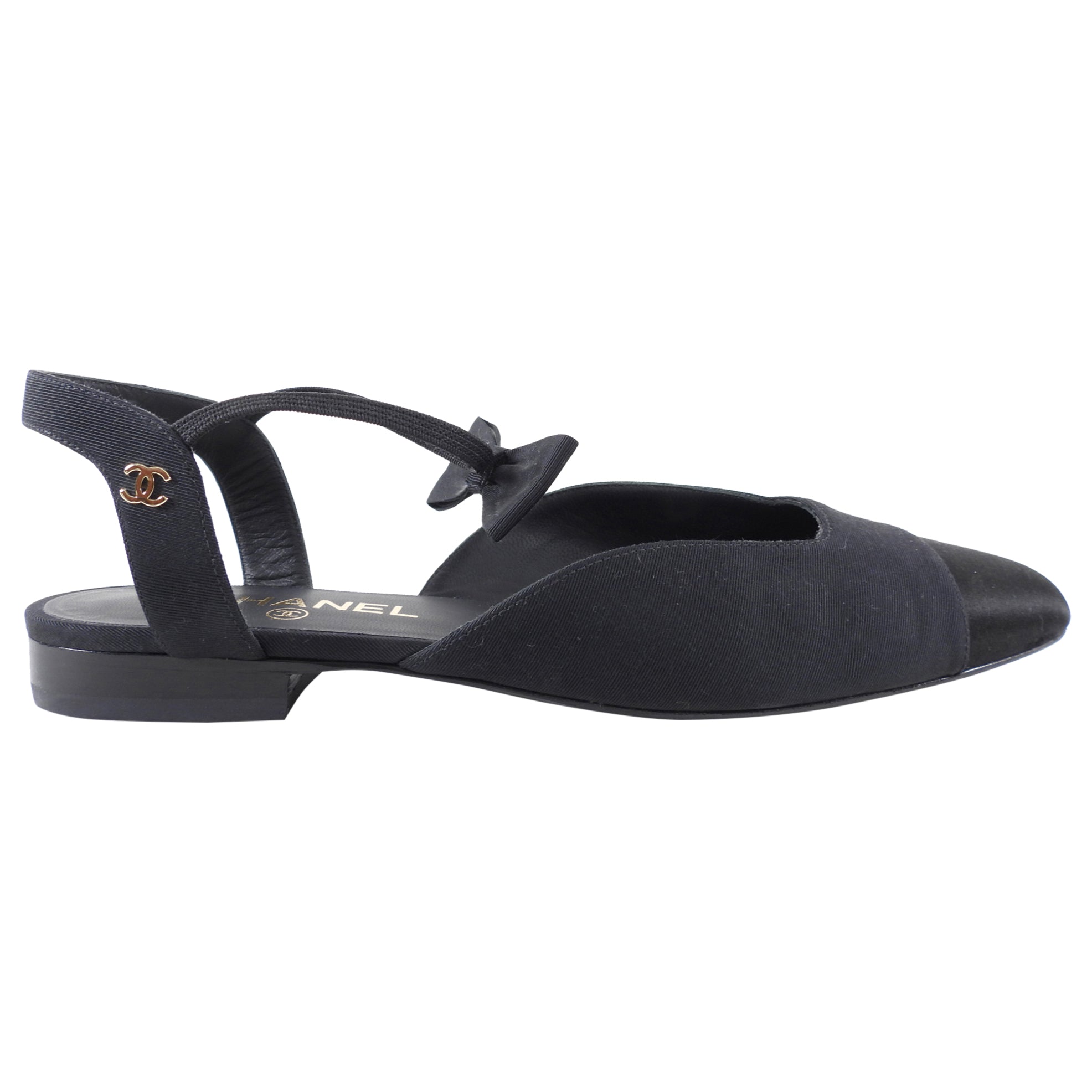 Chanel Fabric and Satin Cap Toe Bow Flats - Women's Size 40 Luxury Ballet Shoes for Wedding, Party & Formal Occasions