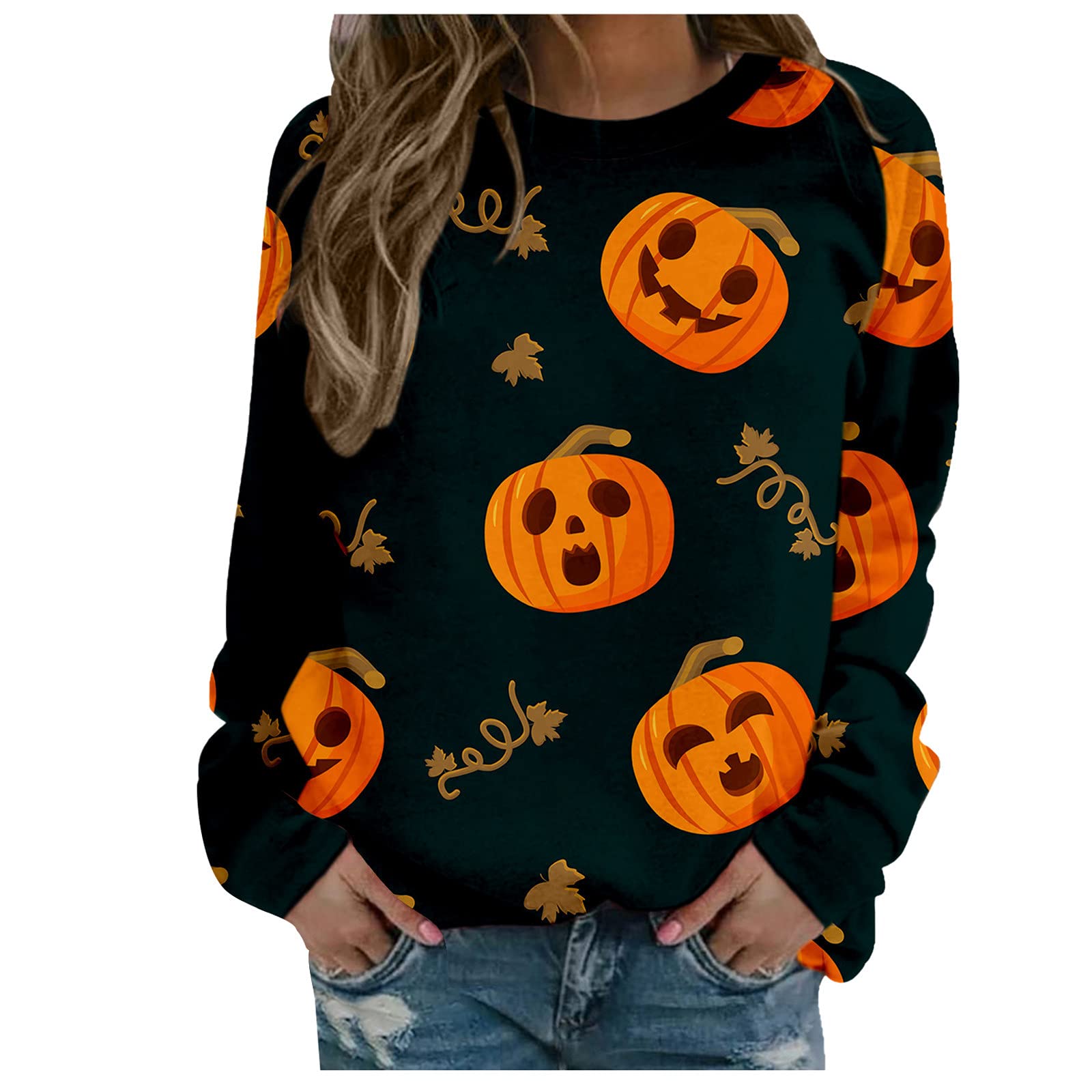 Funny Halloween Sweaters for Women - Pumpkin Print Crewneck Sweatshirts & Long Sleeve Pullover Tops - Perfect for Halloween Parties, Office Costumes & Spooky Season Outfits